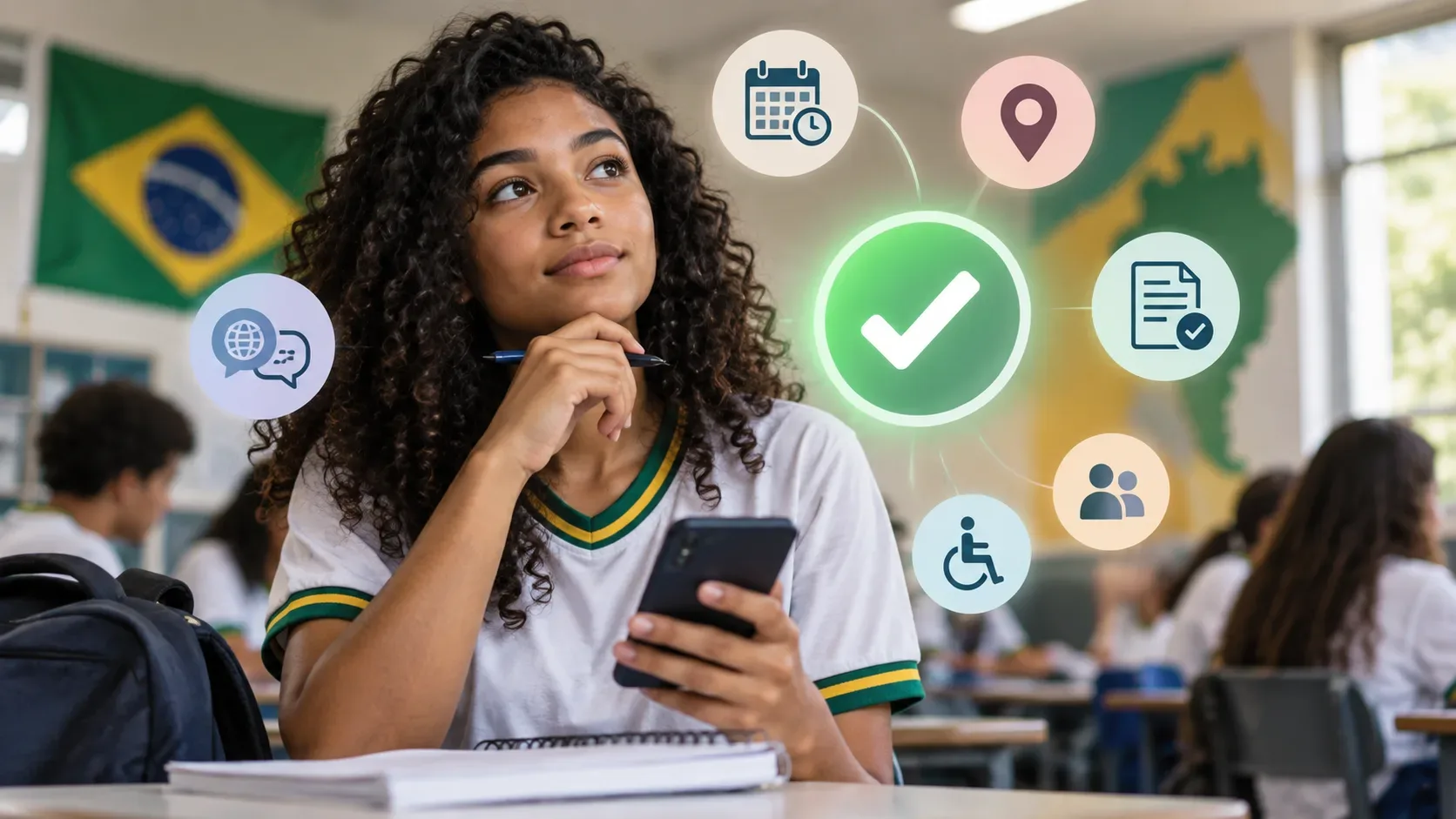 Estudante da rede pública em sala de aula segura um celular e uma caneta, cercada por ícones de confirmação, calendário, localização, documento, idioma e acessibilidade.