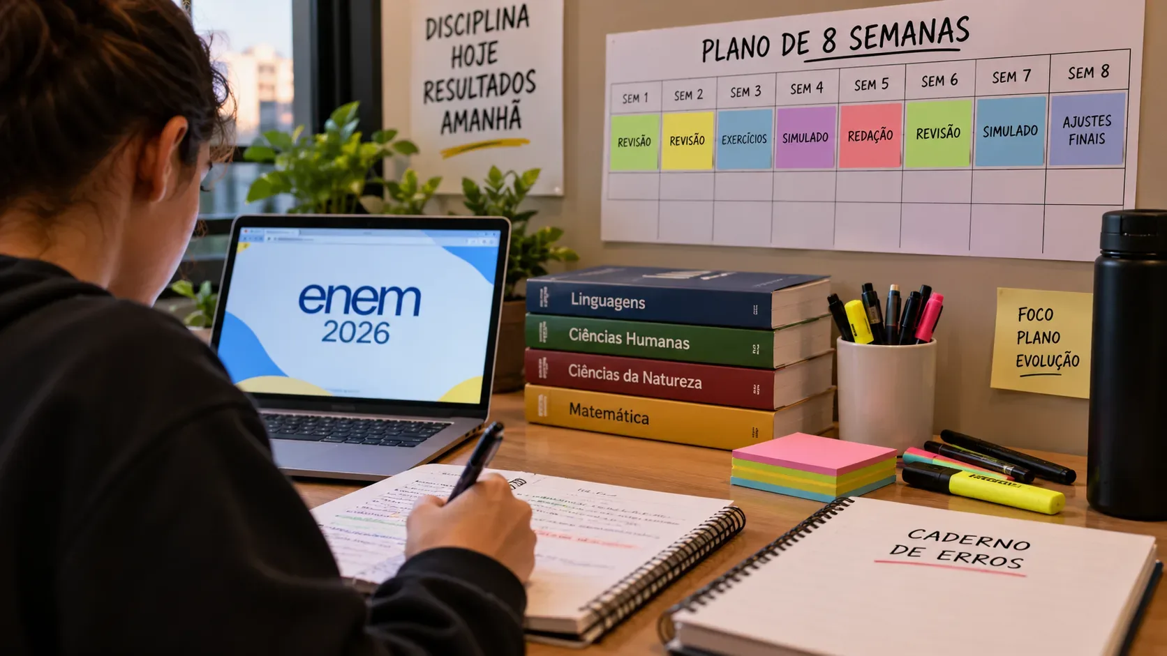 Estudante revisa conteúdos em uma mesa com notebook, livros, caderno de erros e quadro visual de planejamento de oito semanas para o Enem 2026.