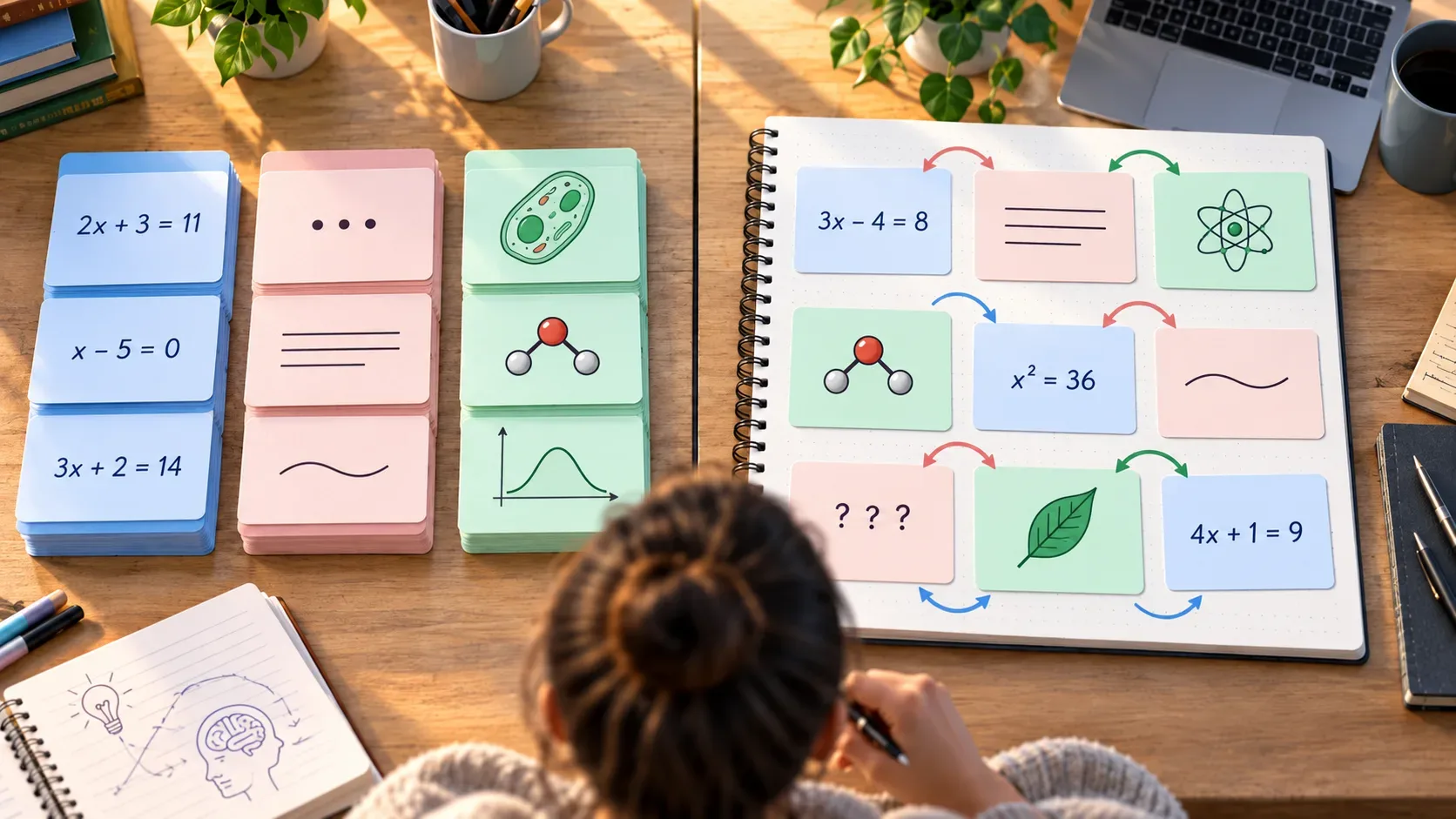 Mesa de estudo vista de cima com cartões azuis, rosa e verdes organizados em blocos à esquerda e misturados com setas em um caderno à direita, enquanto uma estudante observa.