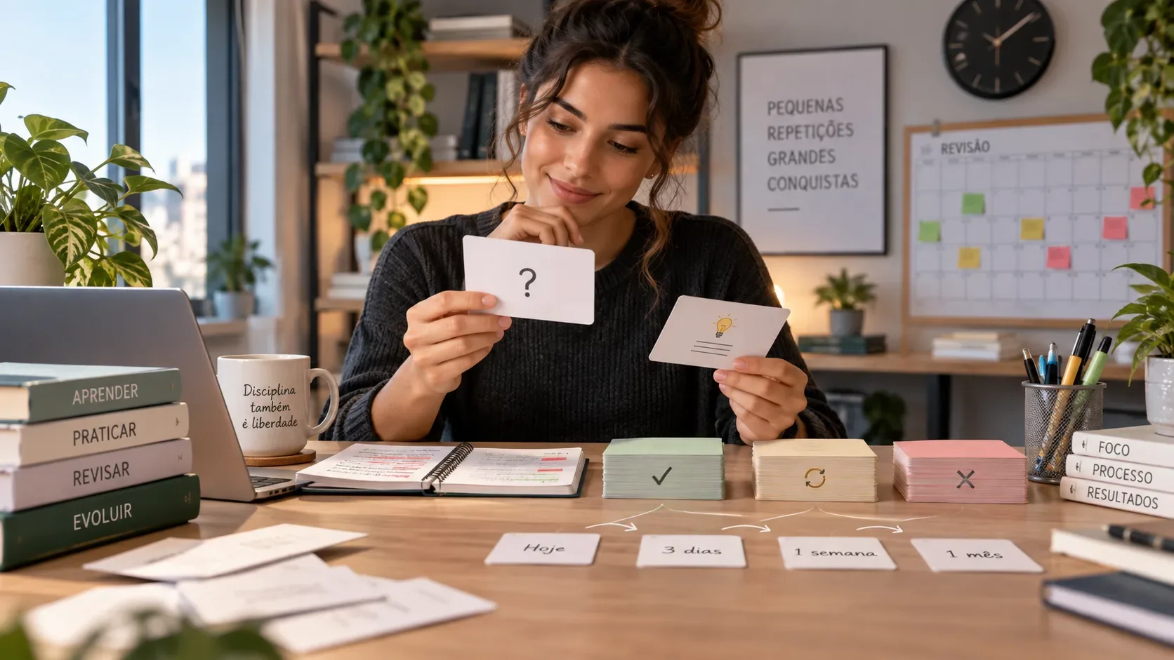 Estudante usa flashcards em uma mesa de estudos com pilhas de revisão, caderno, calendário e sinais de acerto e correção.