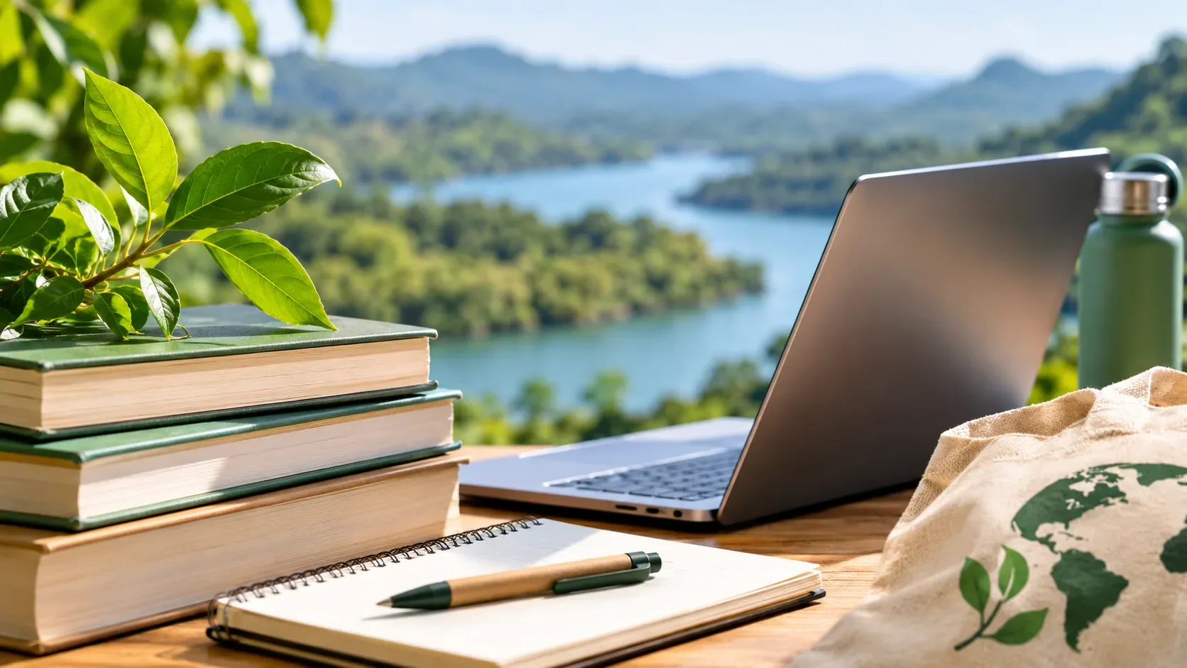 Livros verdes, caderno e computador sobre mesa com vegetação e lago ao fundo.
