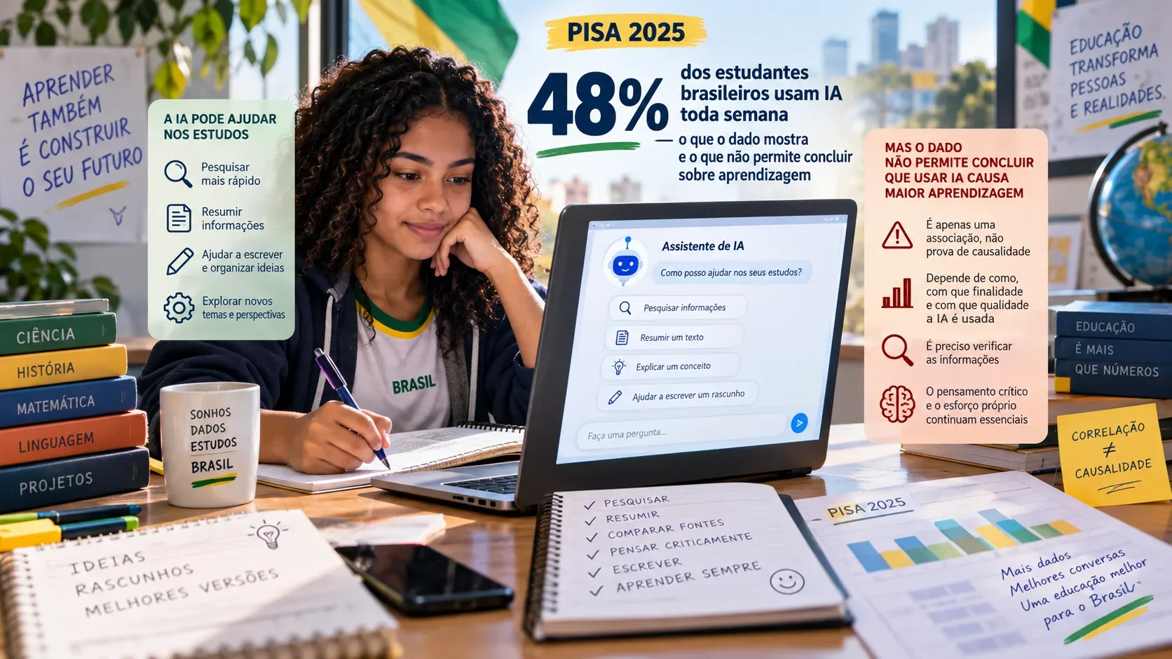 Estudante brasileira estuda diante de notebook com assistente de IA, cercada por cadernos, gráficos e avisos visuais sobre correlação, causalidade e pensamento crítico.
