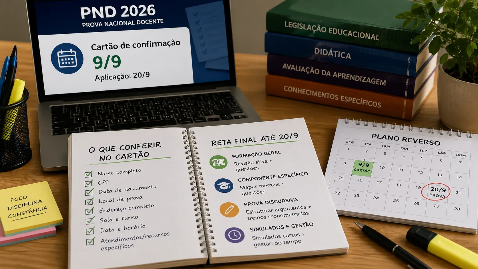 Mesa de estudos com notebook exibindo PND 2026 e as datas 9/9 e 20/9, caderno aberto com checklist e plano de revisão, calendário e livros ao lado.