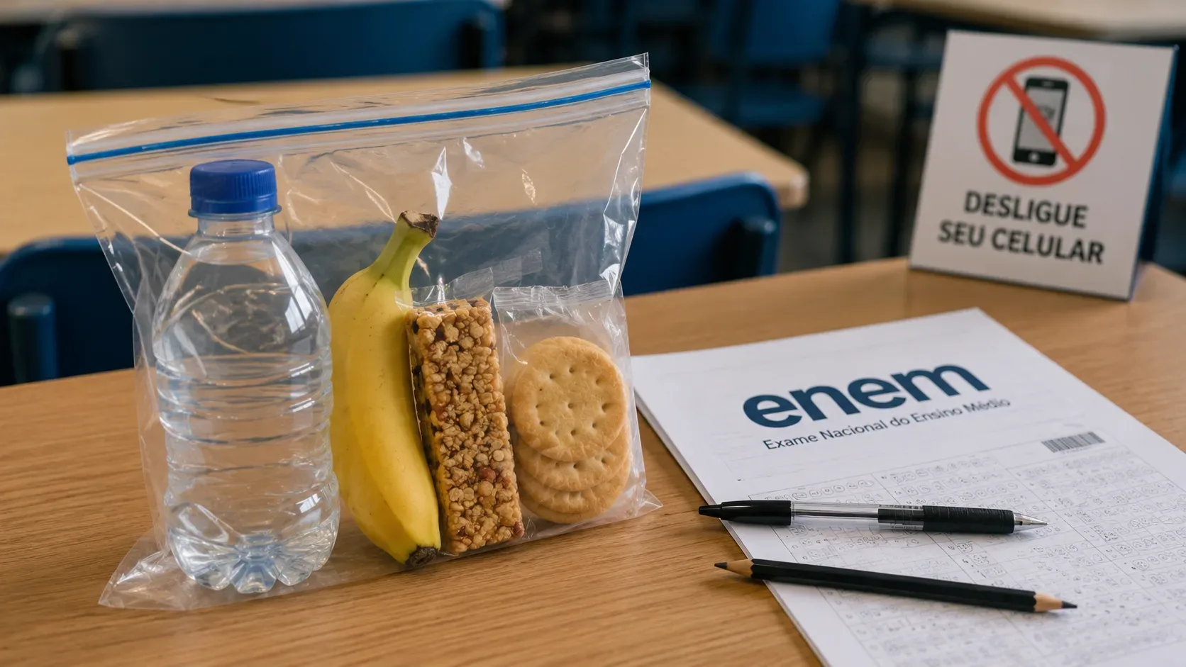Lanche com água, banana, barra de cereal e biscoitos em saco transparente sobre carteira escolar, ao lado de folha de prova e aviso para desligar o celular.