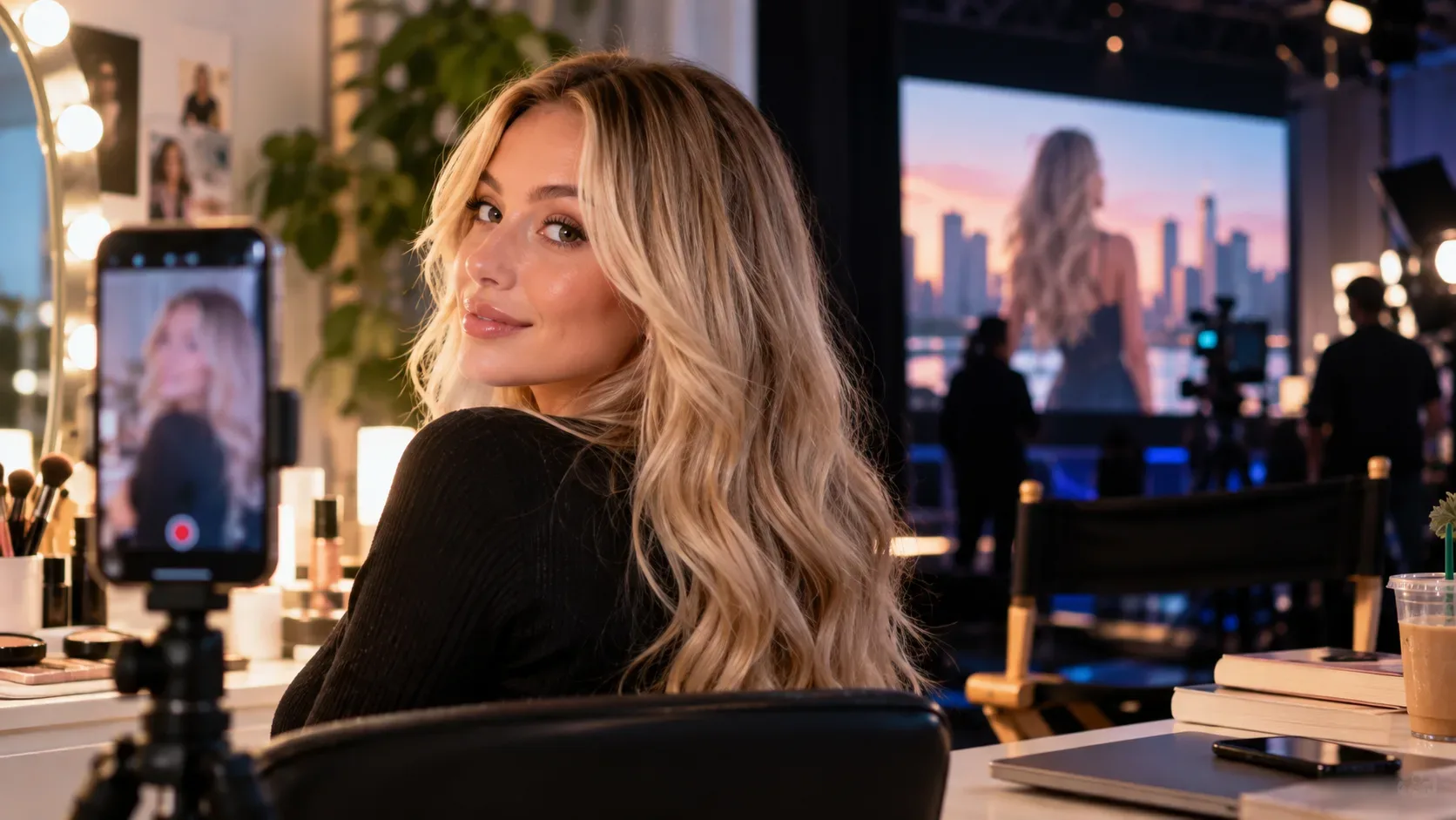 Criadora de conteúdo loira em estúdio, entre um celular em tripé, bancada de maquiagem e um set de televisão ao fundo.