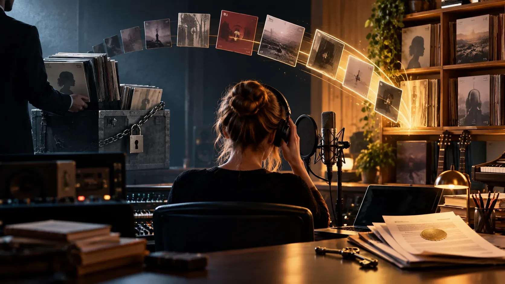 Cantora genérica vista de costas em estúdio, diante de microfone e mesa de gravação, com discos, arquivo musical, contratos e uma transição visual de um catálogo bloqueado para uma coleção sob seu controle.