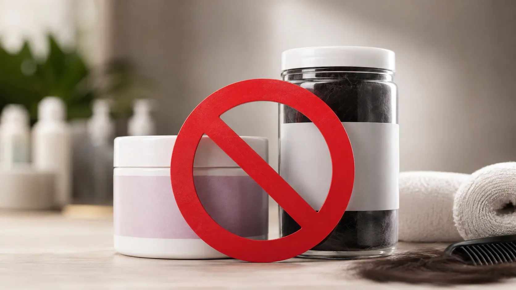 Produtos capilares genéricos ao lado de uma lupa, uma etiqueta com data de fabricação e um símbolo de alerta sanitário.