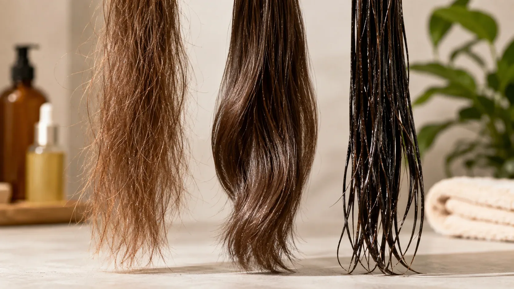 Três mechas de cabelo com diferenças visuais de textura, brilho e peso, representando ressecamento, dano da fibra e acúmulo de produtos.