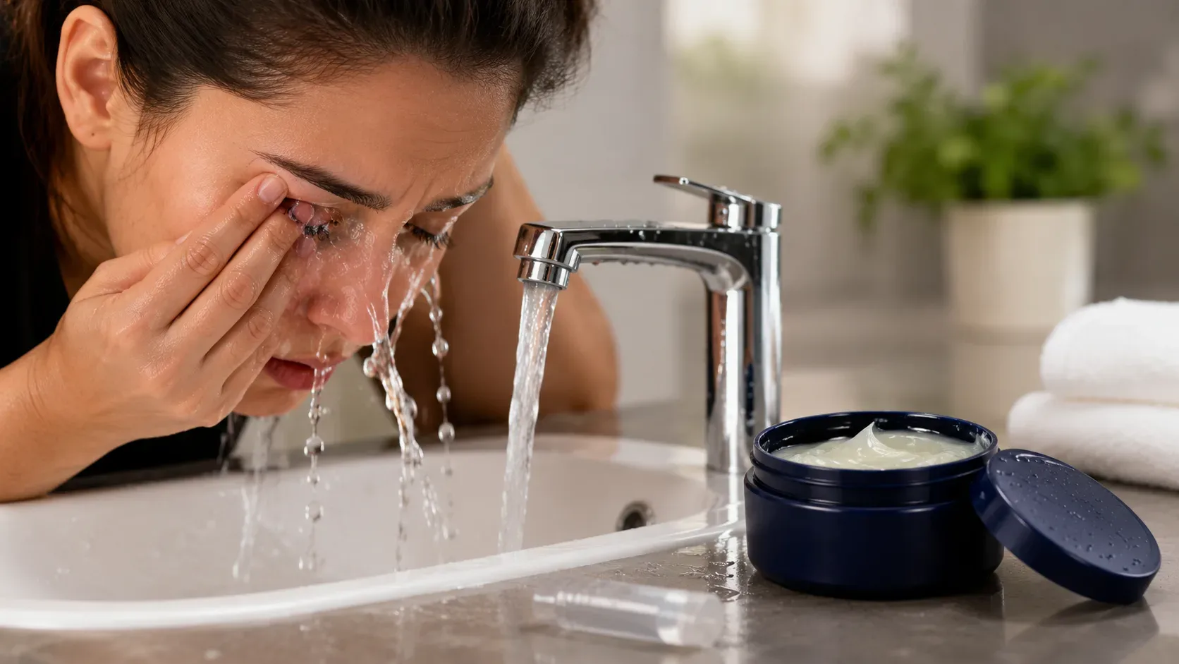 Pessoa lavando um olho com água corrente após contato acidental com pomada capilar, com a embalagem do produto preservada ao lado