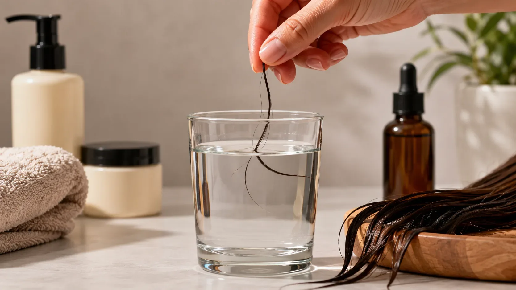 Fio de cabelo sobre a superfície da água em um copo, representando o teste caseiro usado para estimar a porosidade capilar.