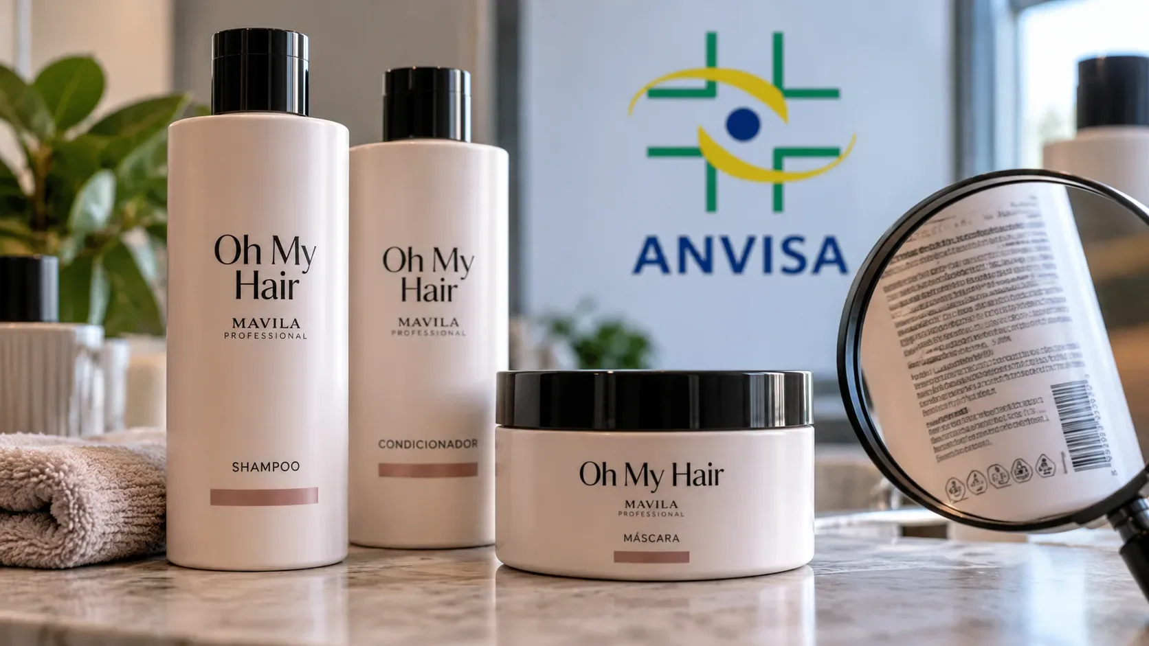 Produtos Oh My Hair em embalagens rosadas ao lado de uma lupa ampliando o rótulo, símbolo de proibição e referência visual à Anvisa.