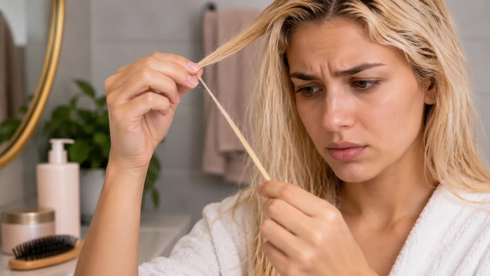 Mulher de cabelo loiro descolorido segura uma mecha fina e esticada entre as mãos diante do espelho do banheiro.