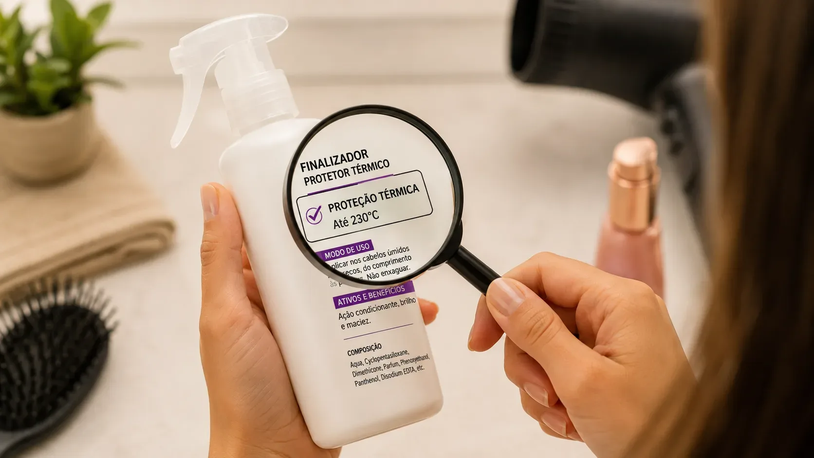 Pessoa segura um frasco branco de finalizador e usa uma lupa para ampliar a alegação de proteção térmica, com secador e escova ao redor.