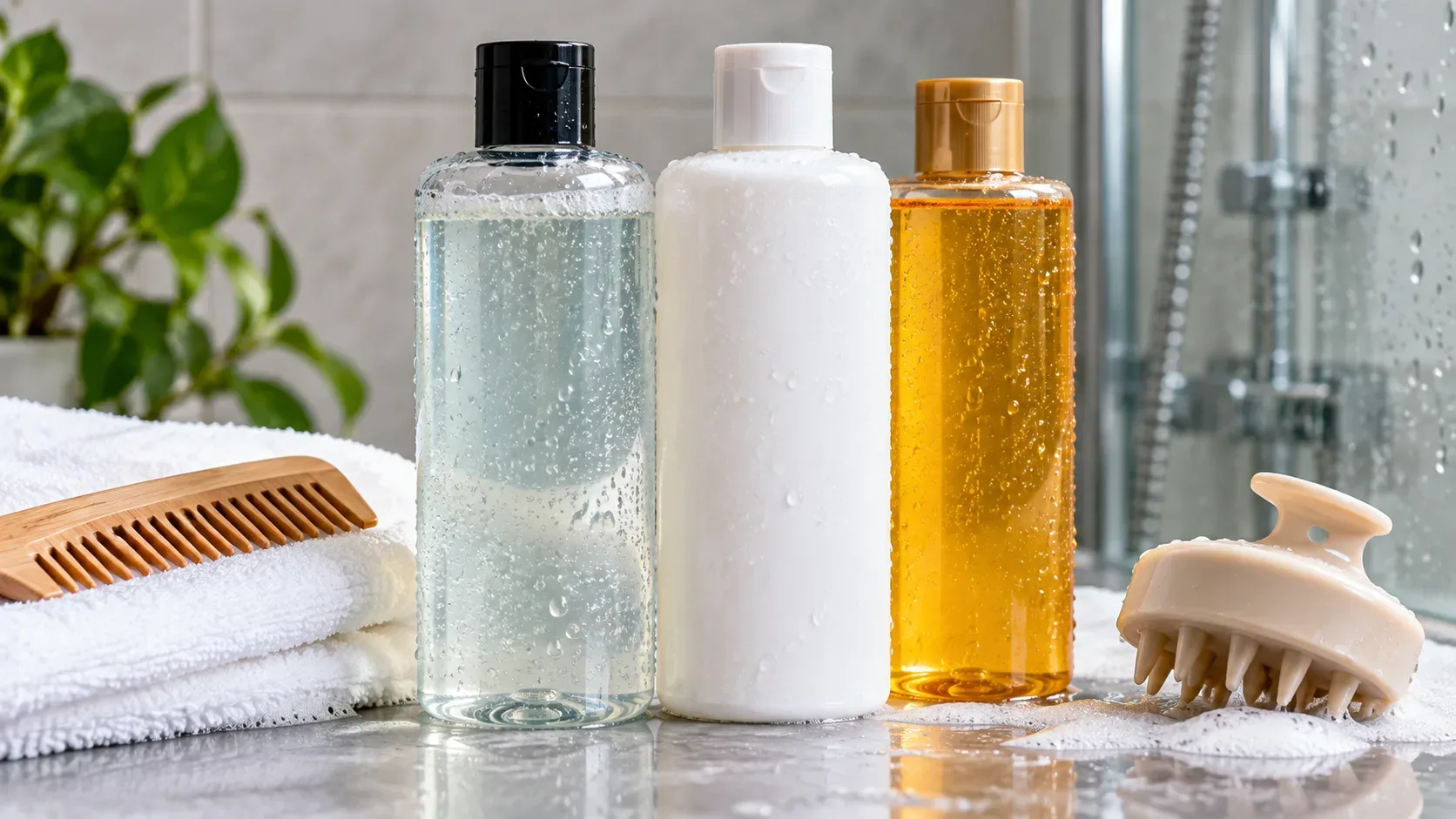 Três frascos de shampoo sem rótulo sobre bancada molhada, com toalha, pente de madeira e escova de couro cabeludo em banheiro claro.