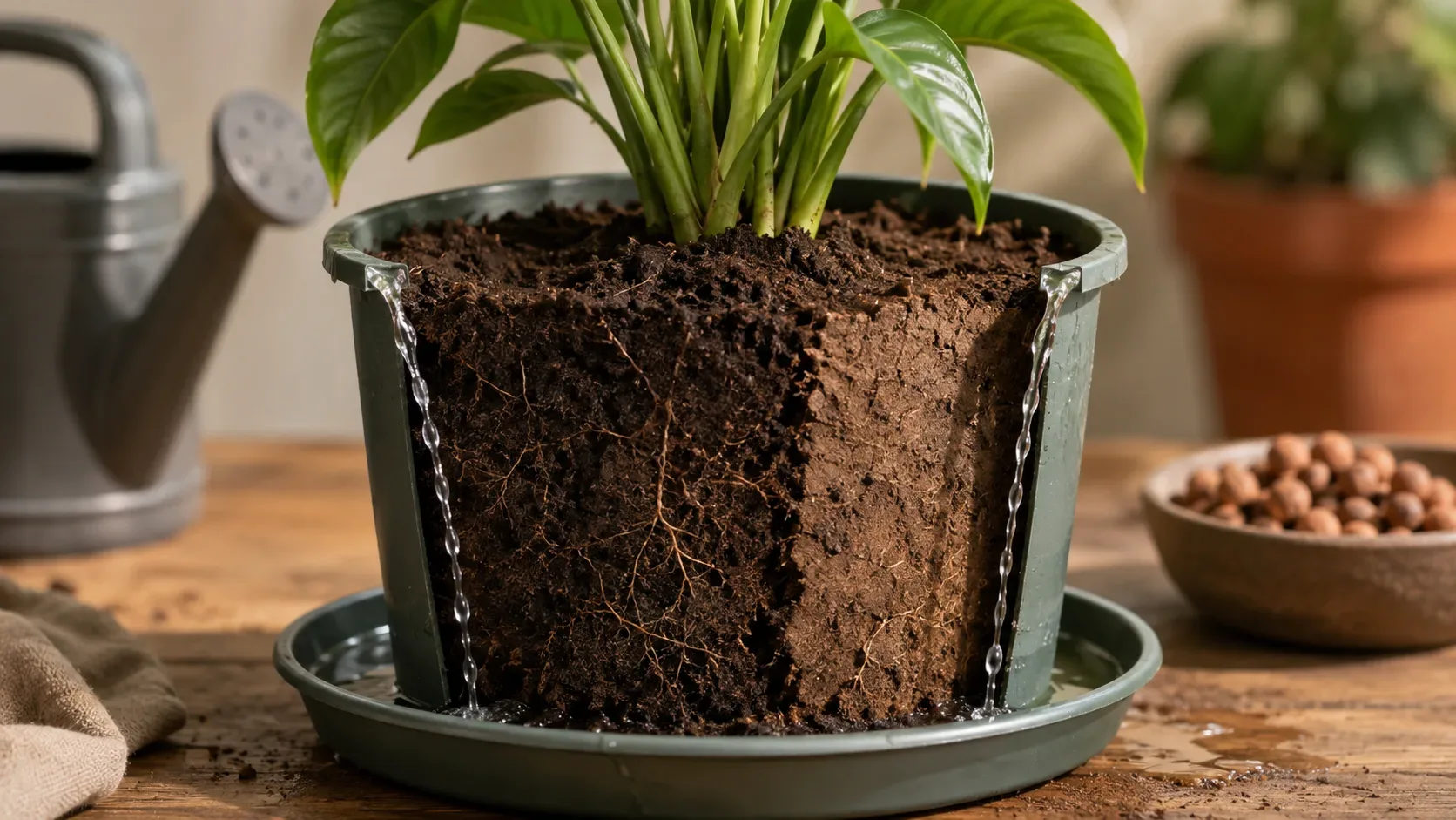 Vaso com planta mostrando substrato seco no centro apesar da passagem de água pelas laterais