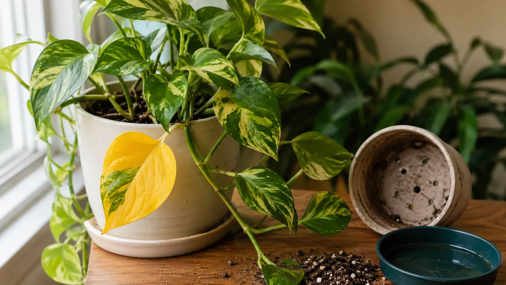 Jiboia em vaso com uma folha amarela, próxima a uma janela com luz indireta, enquanto substrato e drenagem são observados.