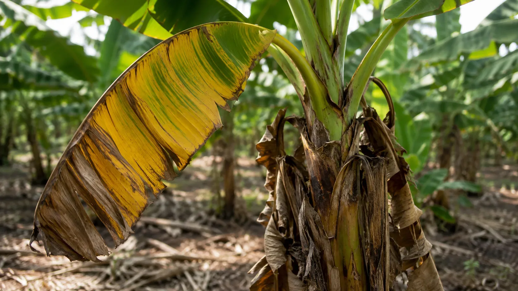 Bananeira com folhas mais velhas amarelecidas e murchas em área de cultivo, ilustrando uma suspeita fitossanitária.