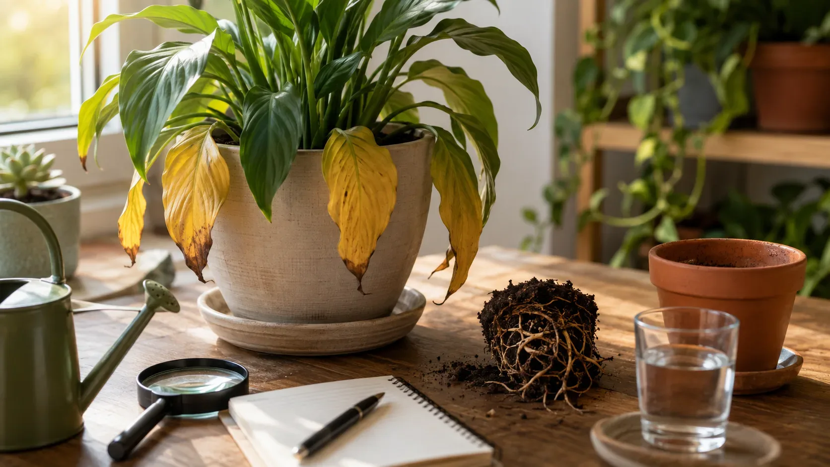 Planta em vaso com folhas amareladas próxima a uma janela, com substrato e drenagem em destaque para o diagnóstico no inverno.