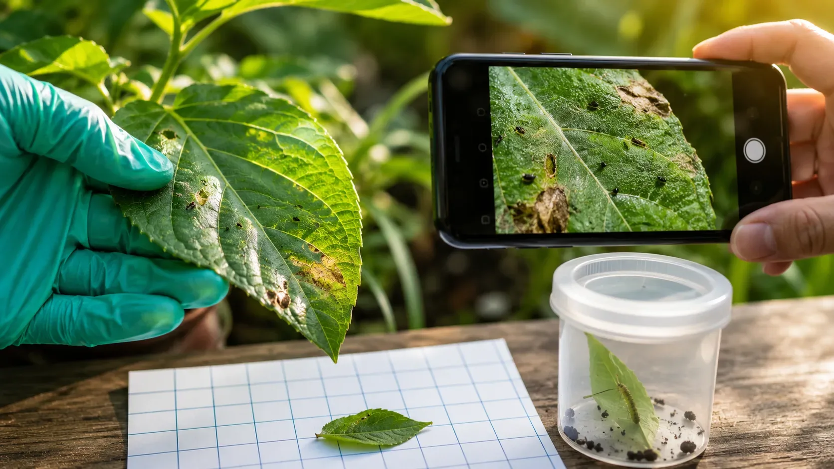 Ficha fotográfica de uma planta com imagens da frente e do verso da folha, régua de escala e indicação do local da observação.