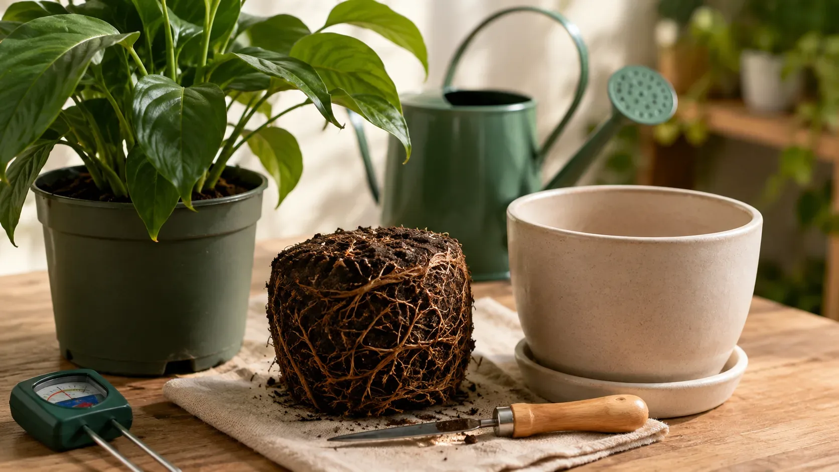 Planta em recuperação ao lado de um vaso vazio enquanto raízes e umidade do substrato são avaliadas