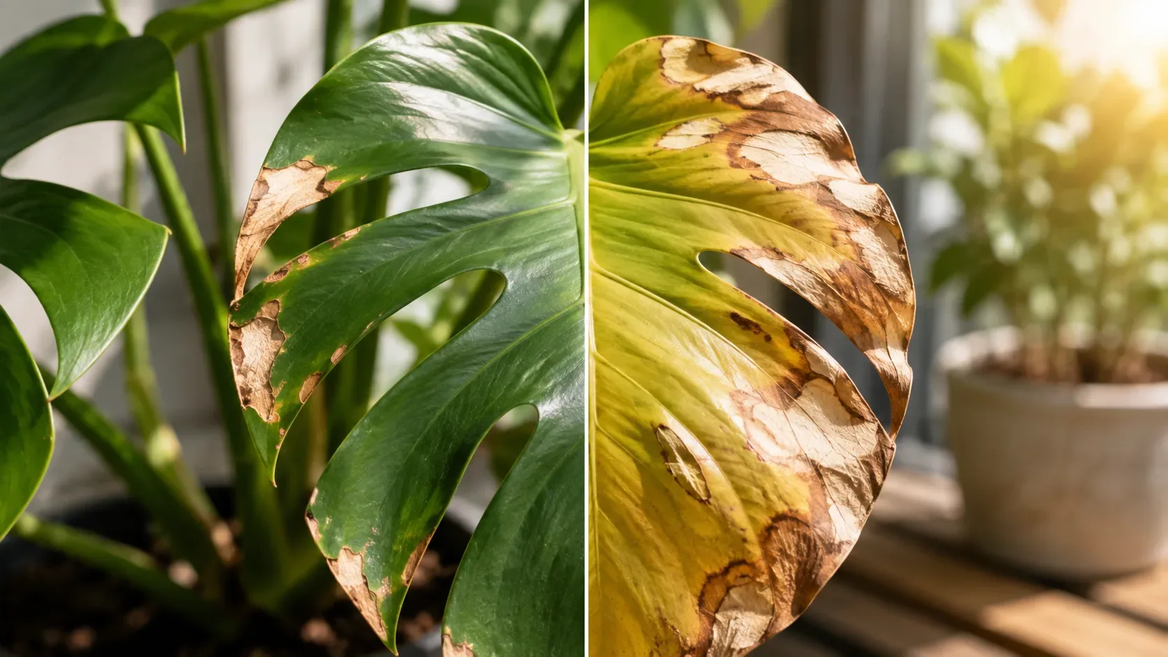 Folhas de uma planta tropical em close, com áreas verdes e manchas claras e marrons de tecido queimado sob luz solar intensa.