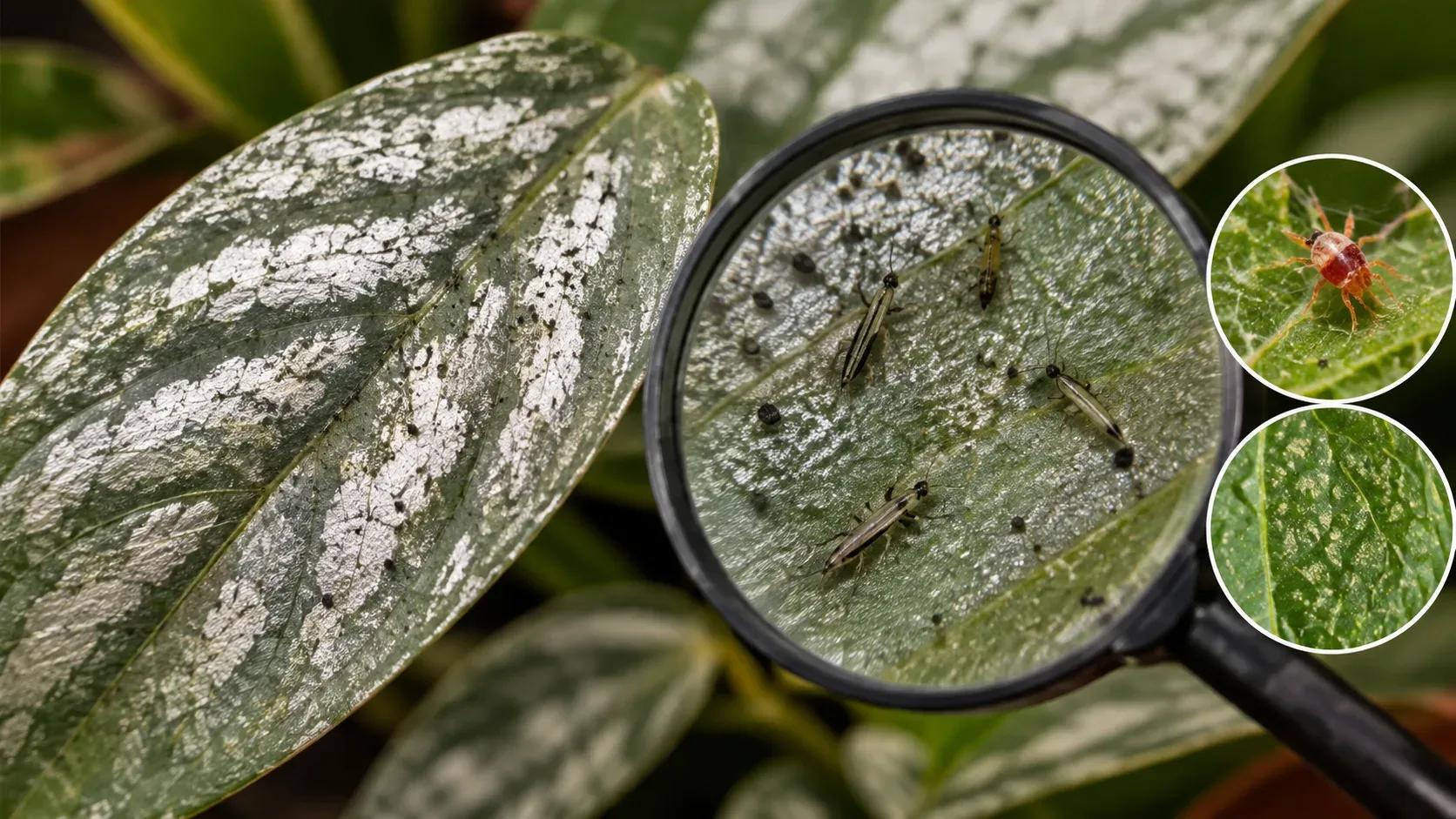 Folha com áreas prateadas e pontos pretos sob uma lupa que amplia pequenos tripes, com detalhes laterais de um ácaro e de pontilhado claro na folha.