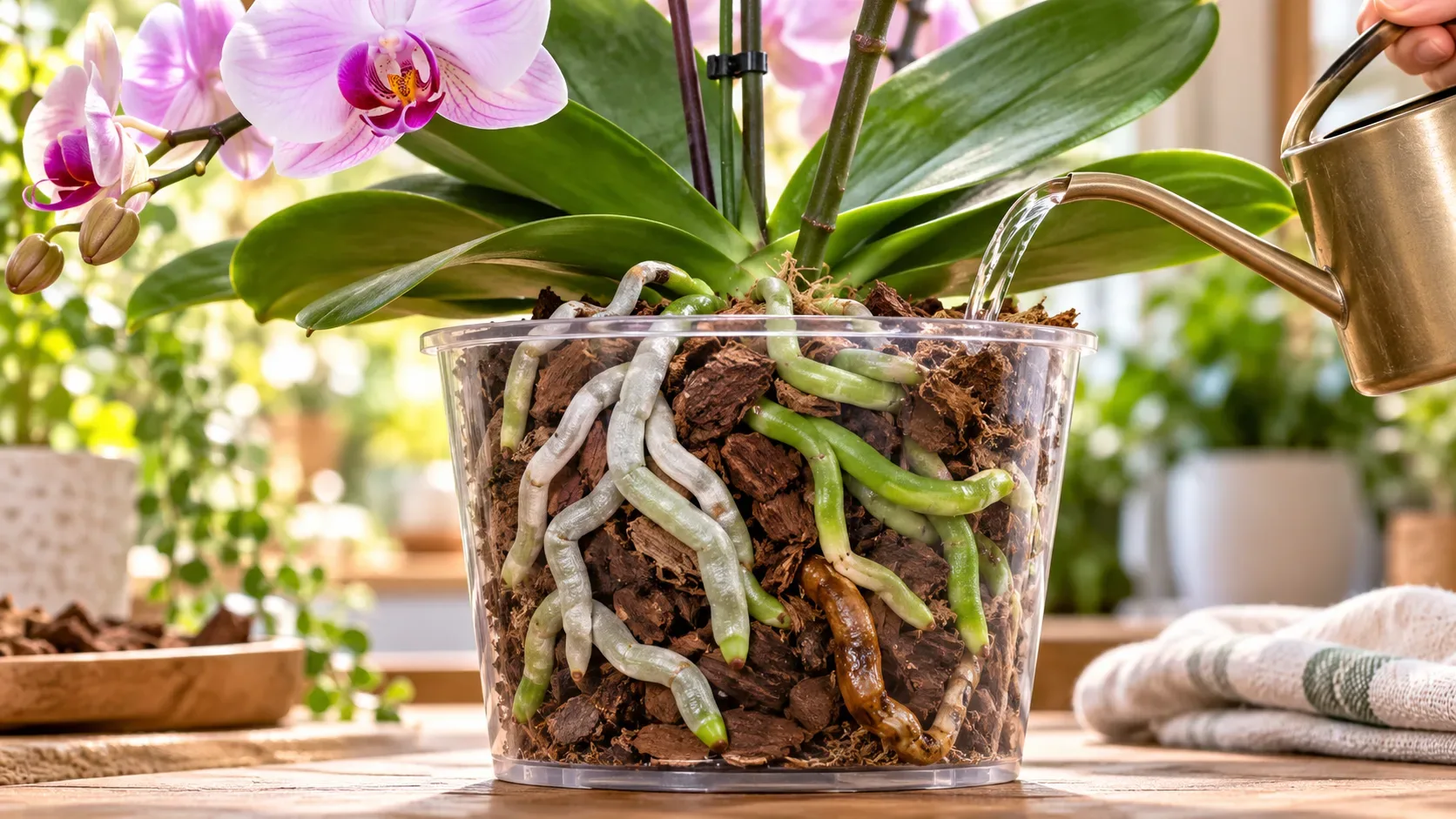 Phalaenopsis em vaso transparente com raízes prateadas, verdes e uma raiz marrom deteriorada enquanto recebe água.