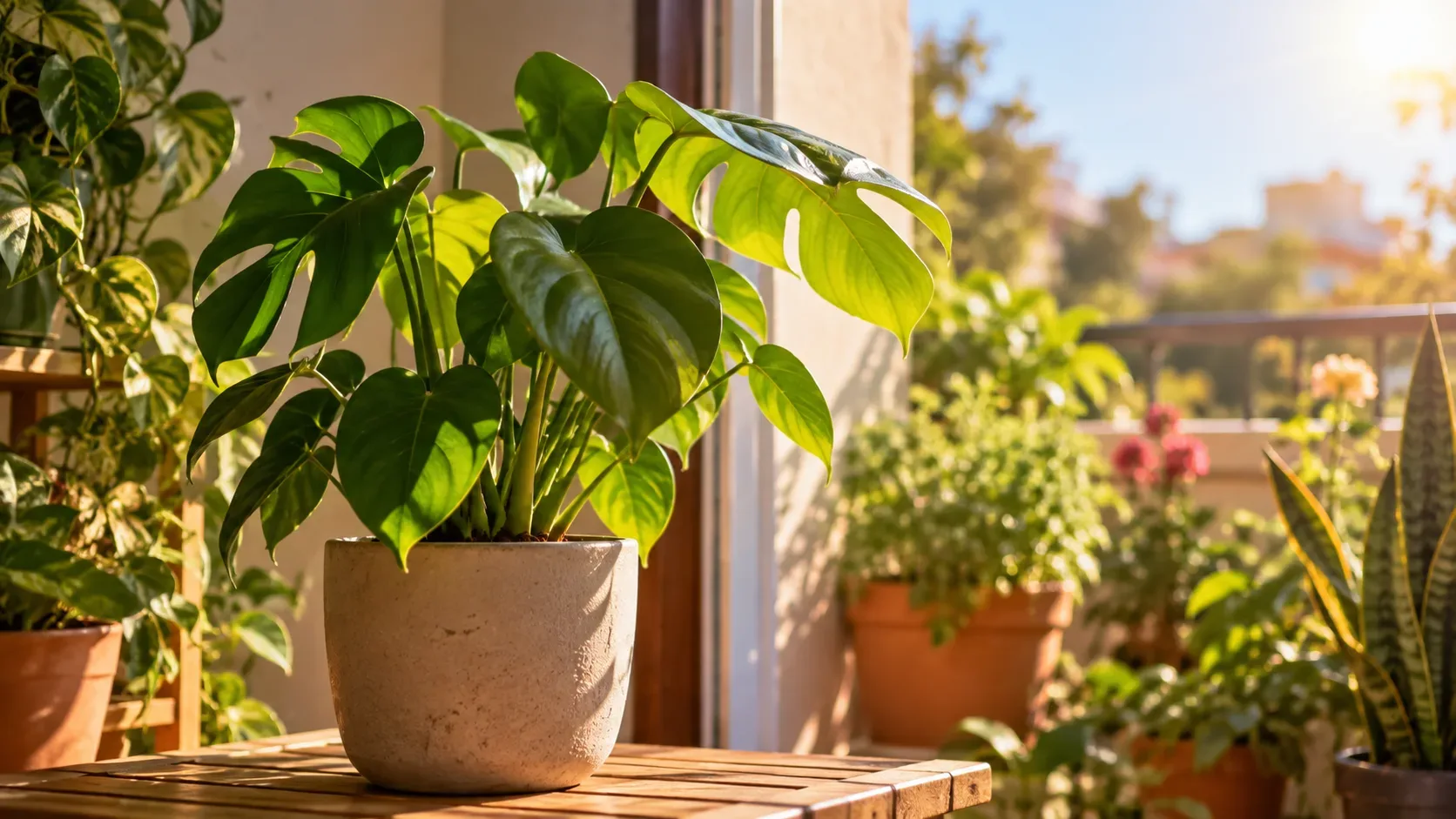 Planta de folhas verdes recortadas em vaso bege recebe sol direto junto a uma varanda com outras plantas ao fundo.