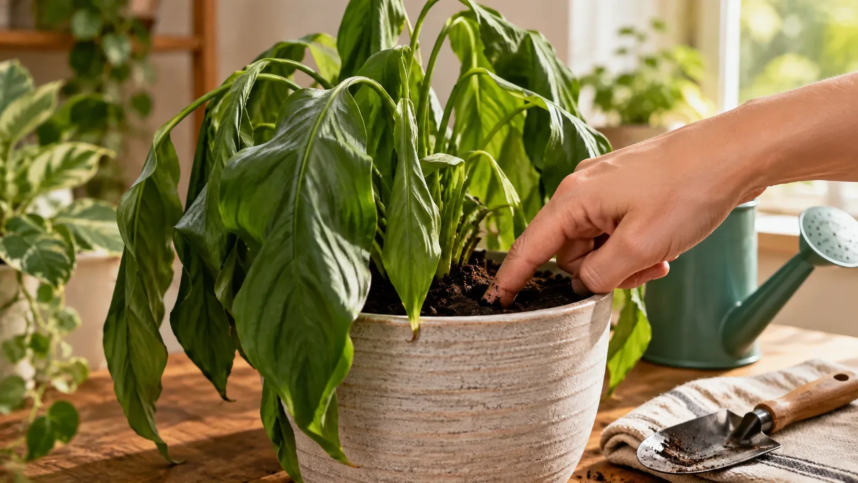 Planta de folhas caídas em vaso claro enquanto uma mão verifica o substrato escuro e úmido, com regador verde ao lado.