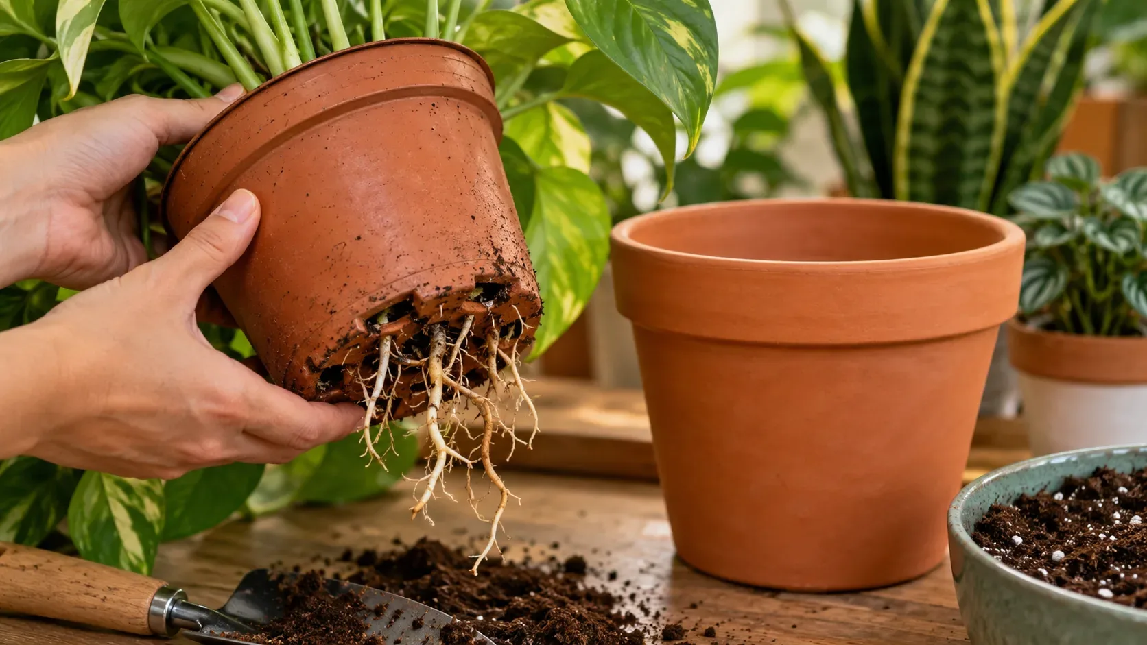 Mãos seguram um vaso inclinado com raízes saindo pelos furos de drenagem ao lado de um vaso de terracota maior e substrato para replantio.