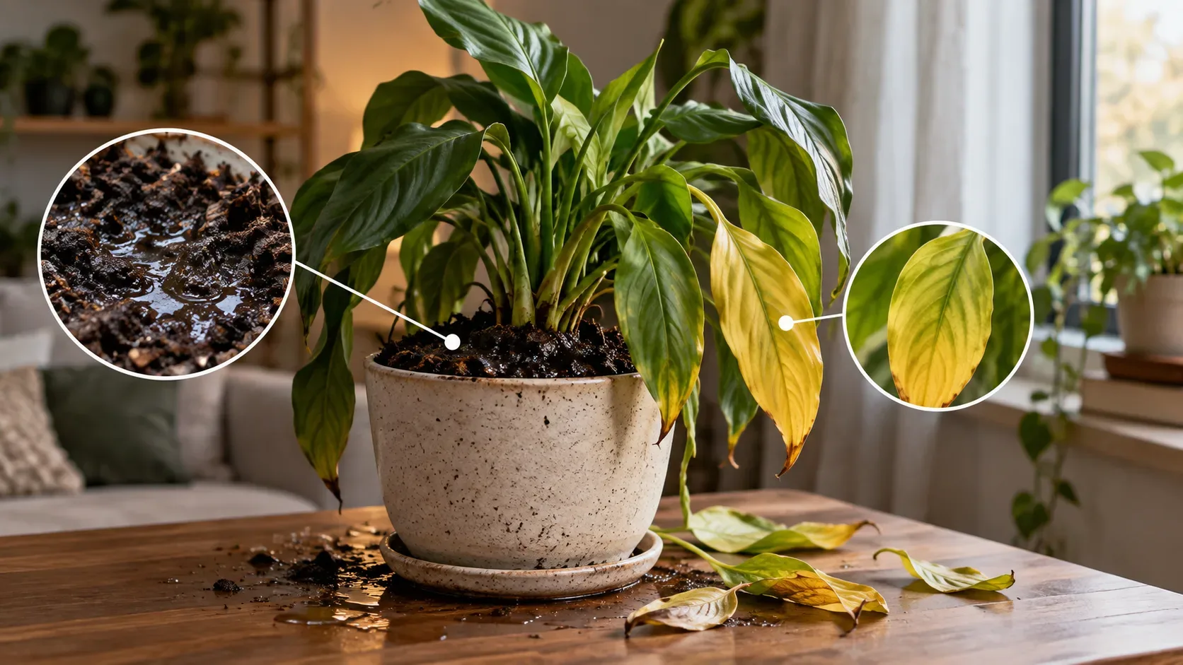 Planta de interior em vaso com substrato encharcado e folhas amarelas caídas; detalhes ampliados da terra molhada e de uma folha amarelada.