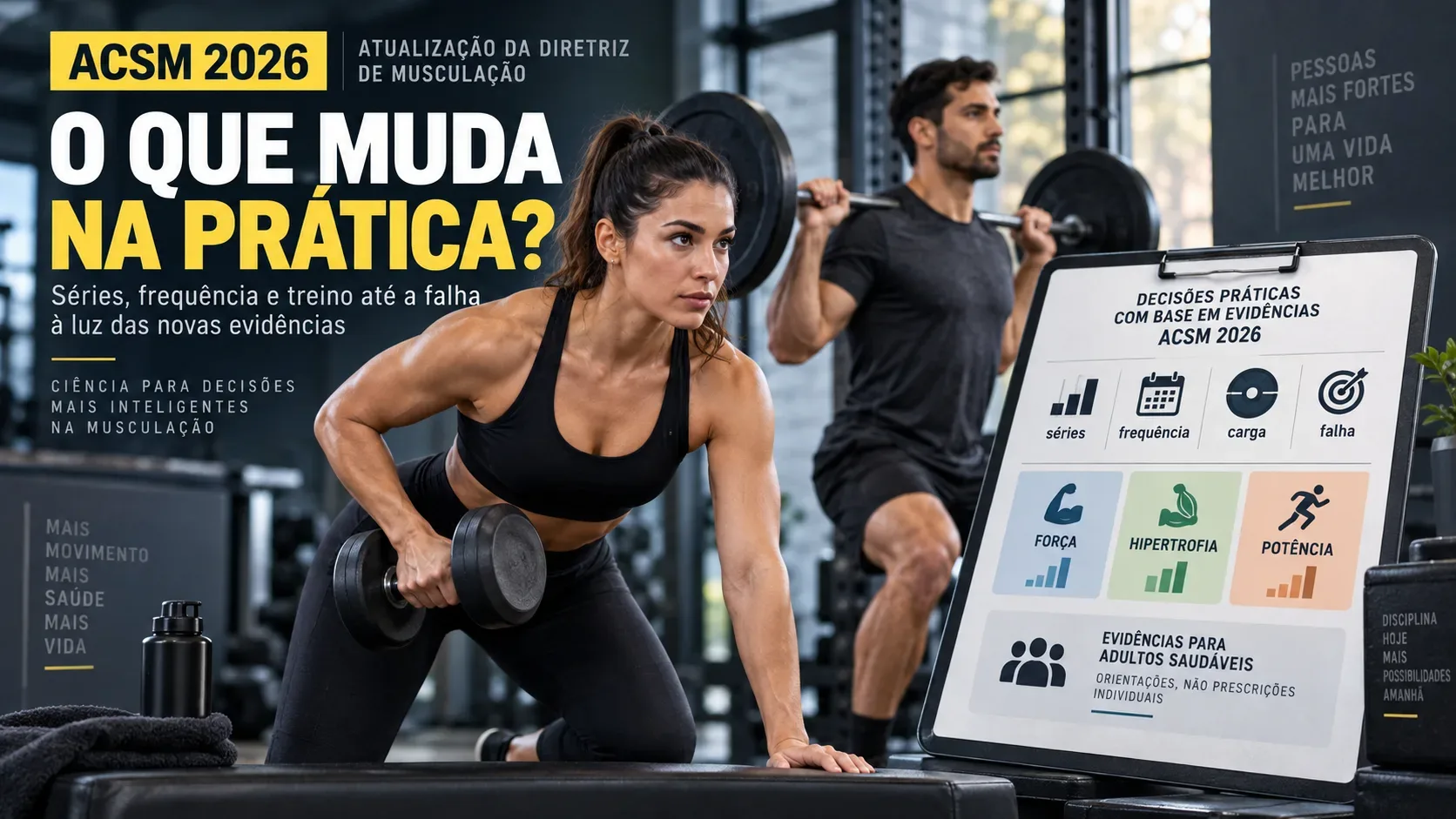 Mulher fazendo remada com halter e homem treinando com barra em academia, ao lado de quadro visual sobre séries, frequência, carga e falha.