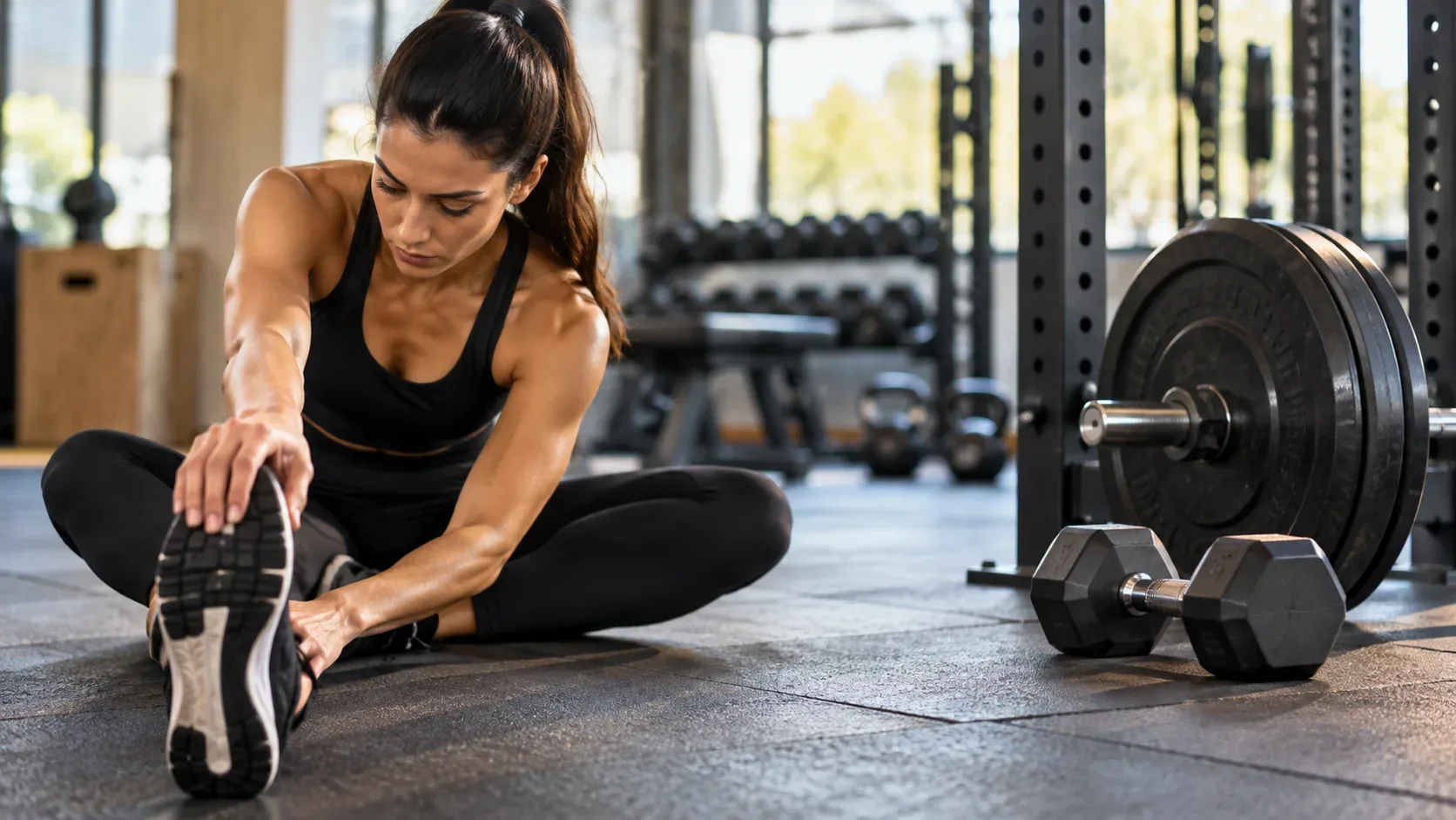 Mulher sentada no chão de uma academia fazendo alongamento de perna ao lado de uma barra com anilhas e halteres.