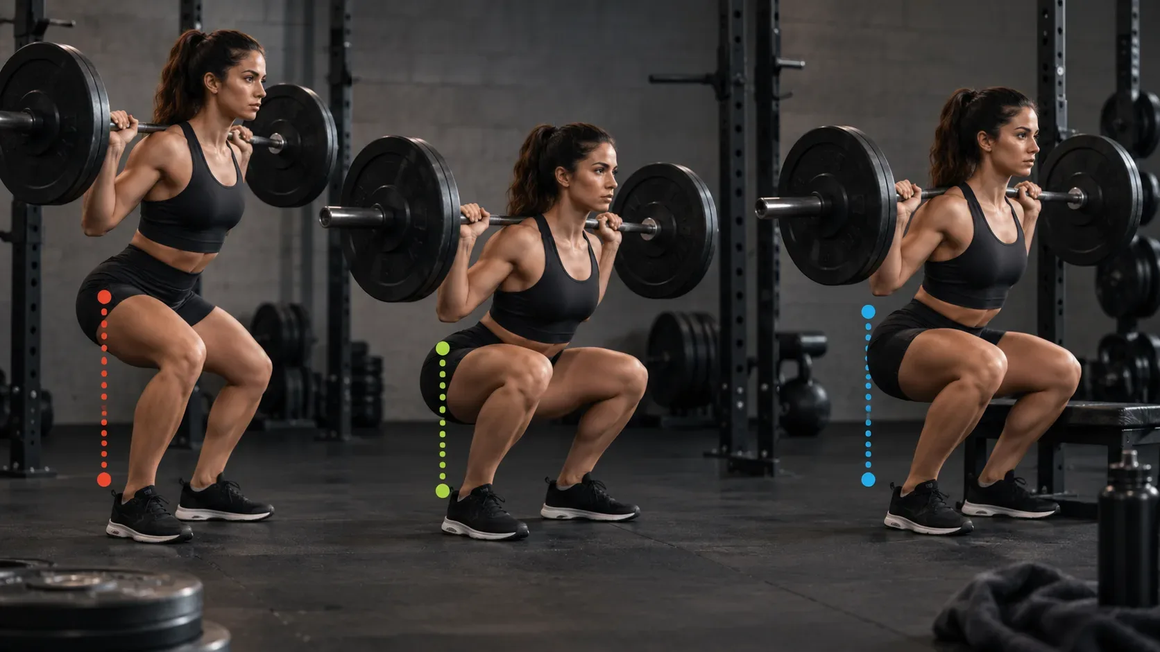 Atleta realiza três profundidades de agachamento com barra em academia, com marcadores coloridos ao lado do quadril indicando diferentes faixas de movimento.