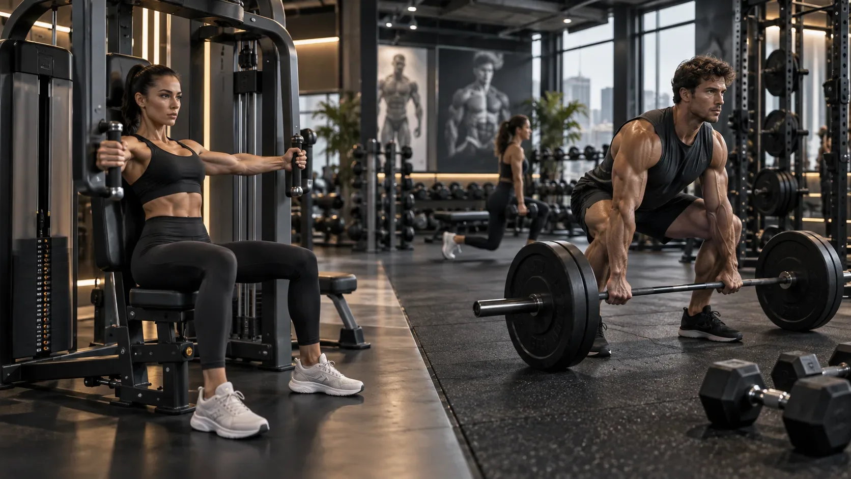 Mulher treina em máquina de musculação enquanto homem executa levantamento com barra em área de pesos livres de uma academia.