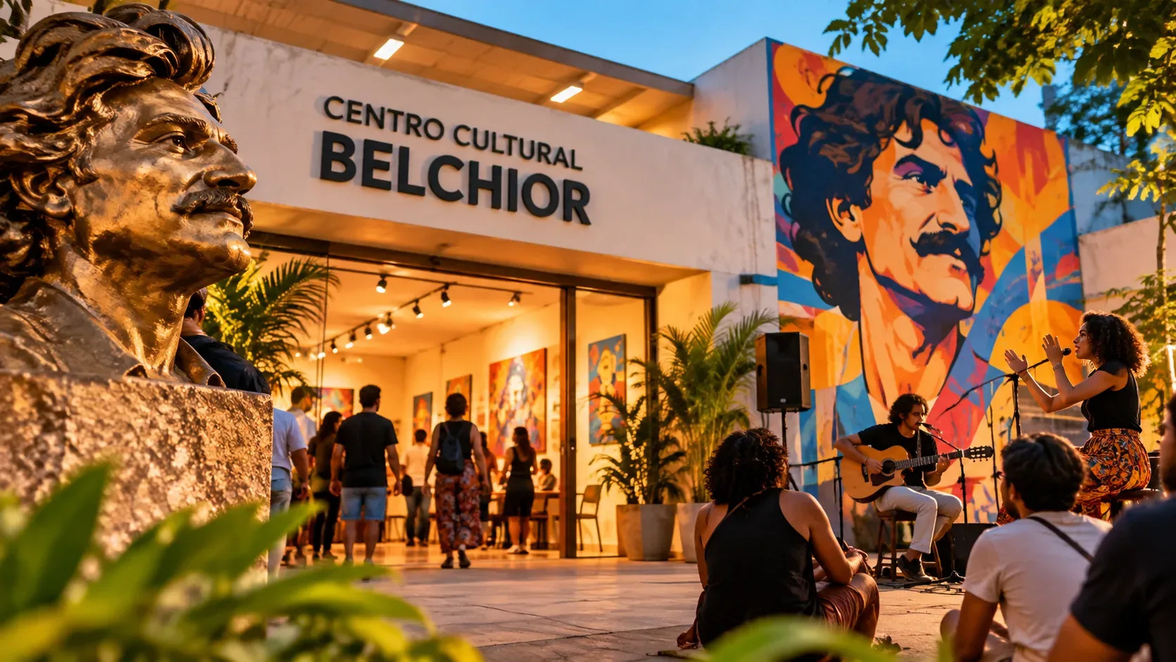 Ilustração editorial da entrada do Centro Cultural Belchior, com público, mural colorido e apresentação musical ao ar livre.