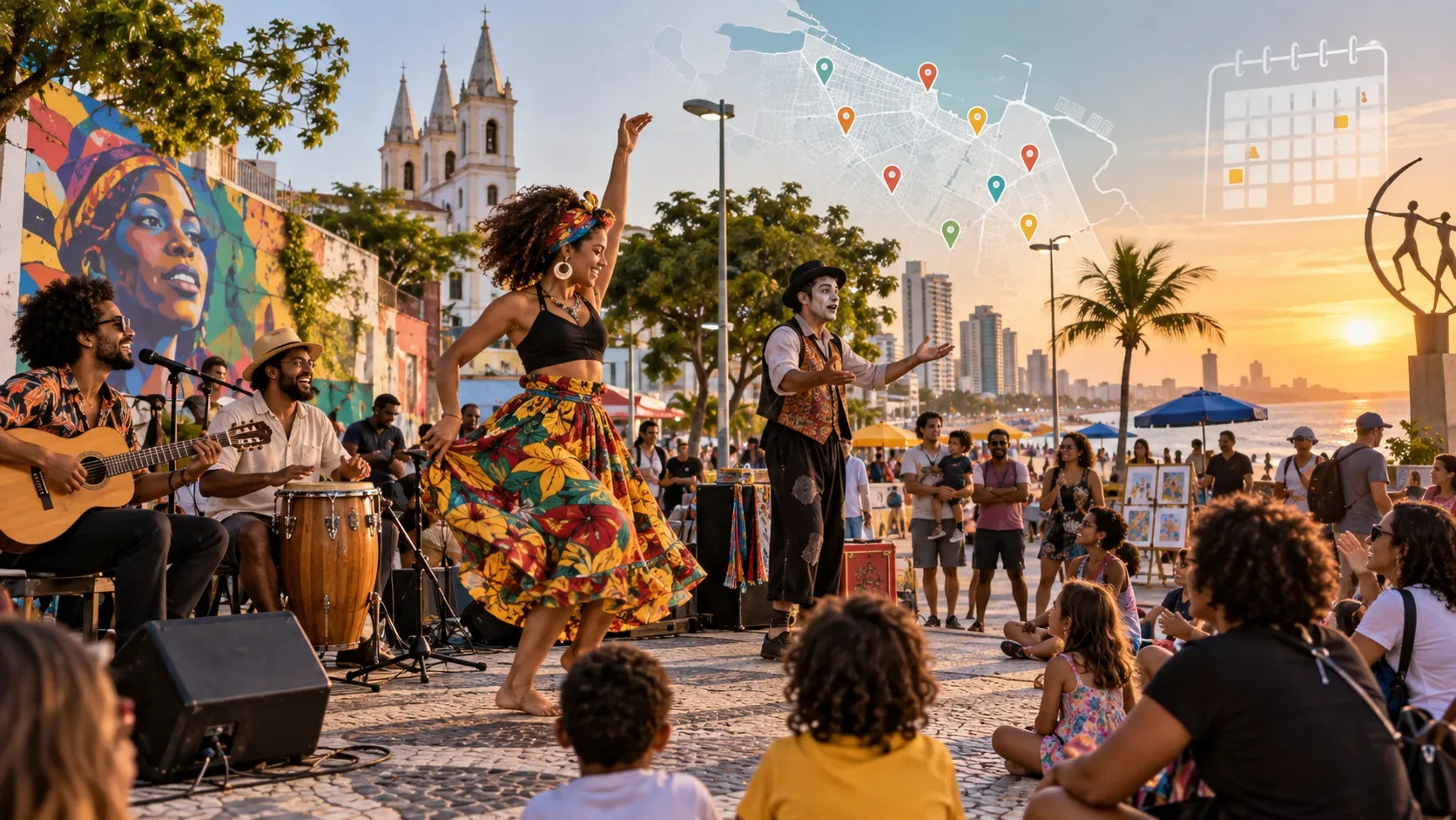 Artistas de música, dança e teatro se apresentam ao ar livre diante de famílias em Fortaleza, com mapa e calendário discretos ao fundo.