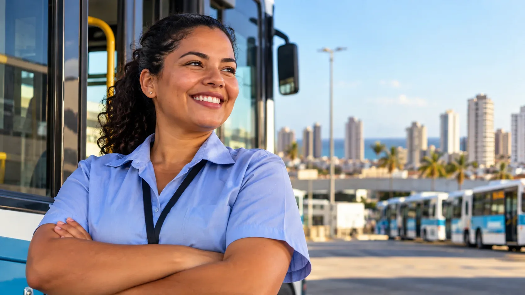 Mulher motorista de uniforme azul ao lado de ônibus em um terminal urbano, com prédios e mar ao fundo.
