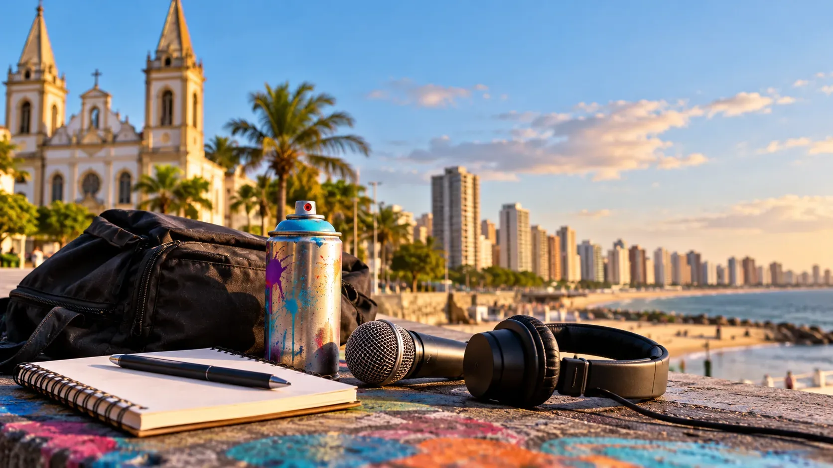 Materiais artísticos sobre muro grafitado, com mochila, caderno, spray, microfone e fones diante de uma paisagem urbana litorânea.