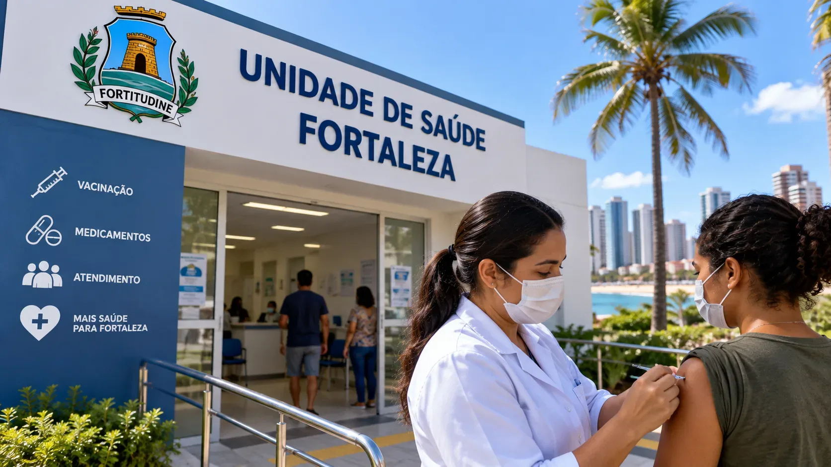 Profissional de saúde aplica vacina em uma usuária diante de uma unidade de saúde identificada como Fortaleza, com palmeiras e prédios ao fundo.