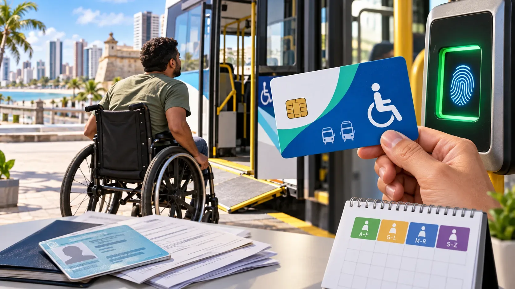 Pessoa em cadeira de rodas diante de ônibus acessível, com cartão de transporte PcD, leitor de biometria, documentos e calendário em primeiro plano.