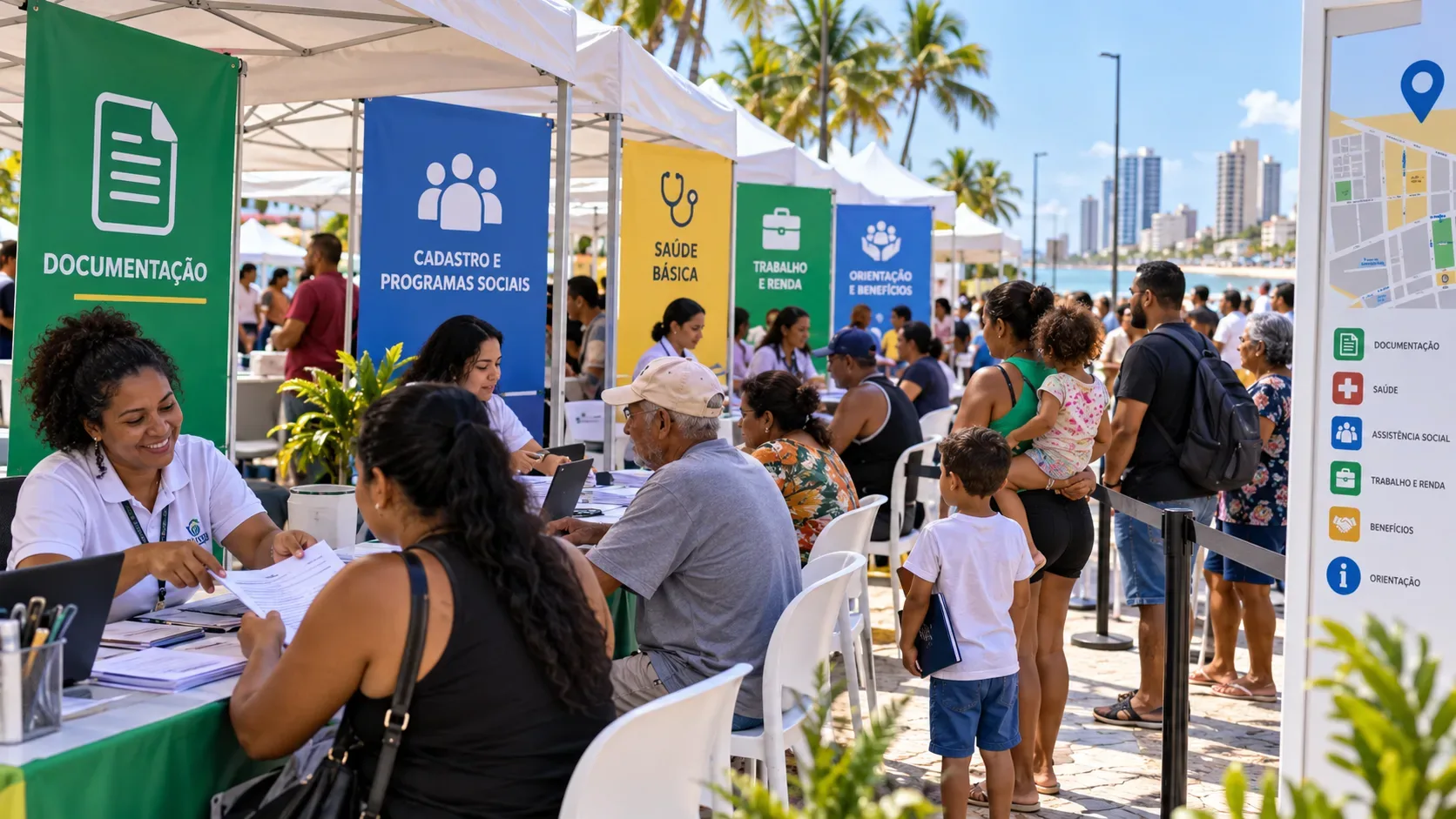 Feira de serviços públicos ao ar livre em Fortaleza, com tendas de atendimento, famílias em fila e estandes de documentação, saúde e programas sociais.