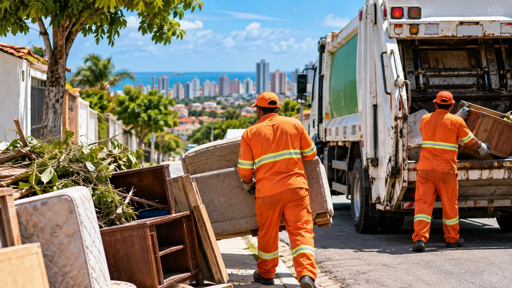 Trabalhadores de limpeza urbana com uniformes laranja recolhem sofá, madeira, poda e outros materiais volumosos ao lado de um caminhão em rua de bairro com skyline litorâneo ao fundo.