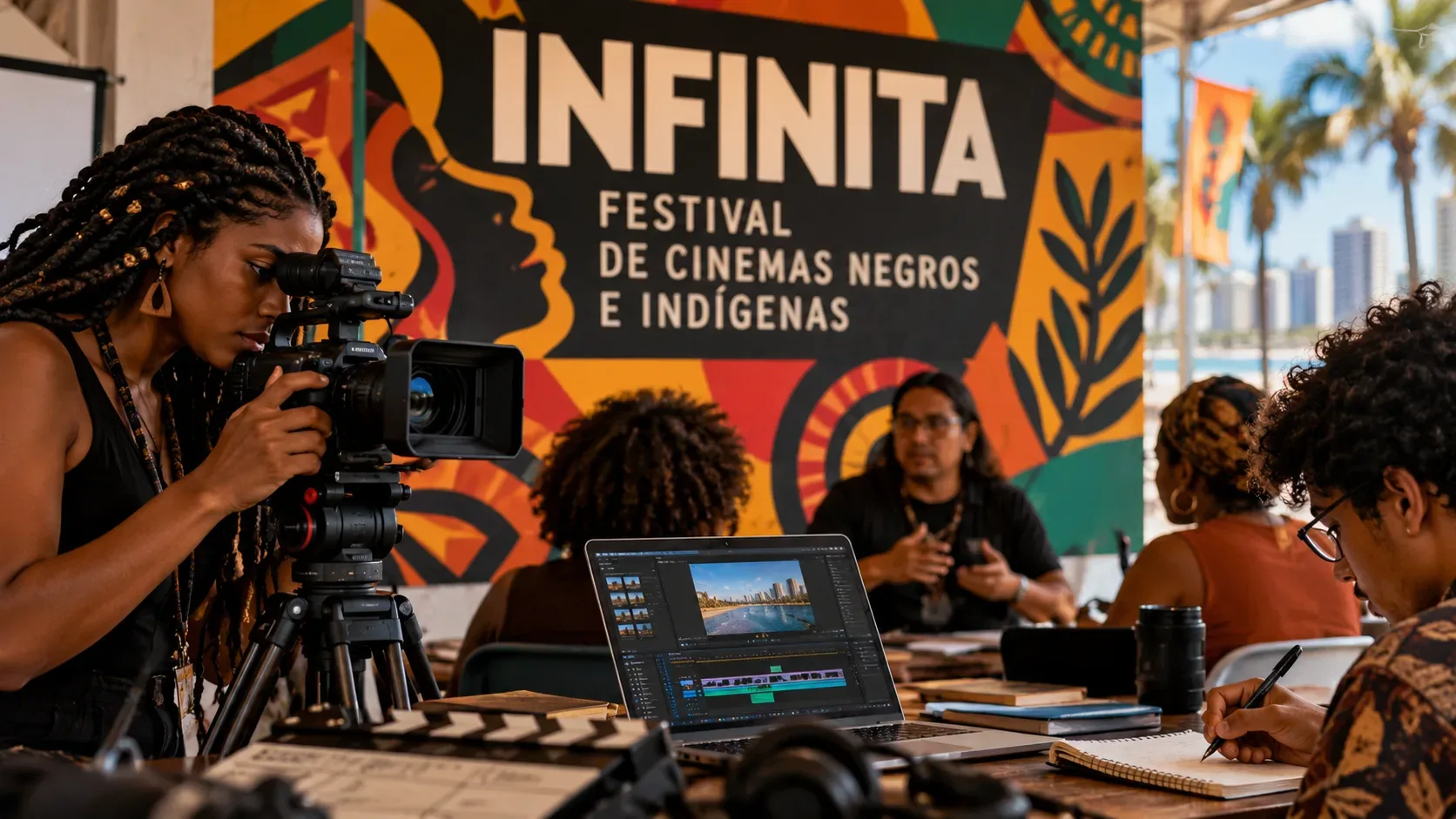 Participantes de oficina audiovisual com câmera, laptop de edição e materiais de estudo diante de painel colorido do Infinita Festival.