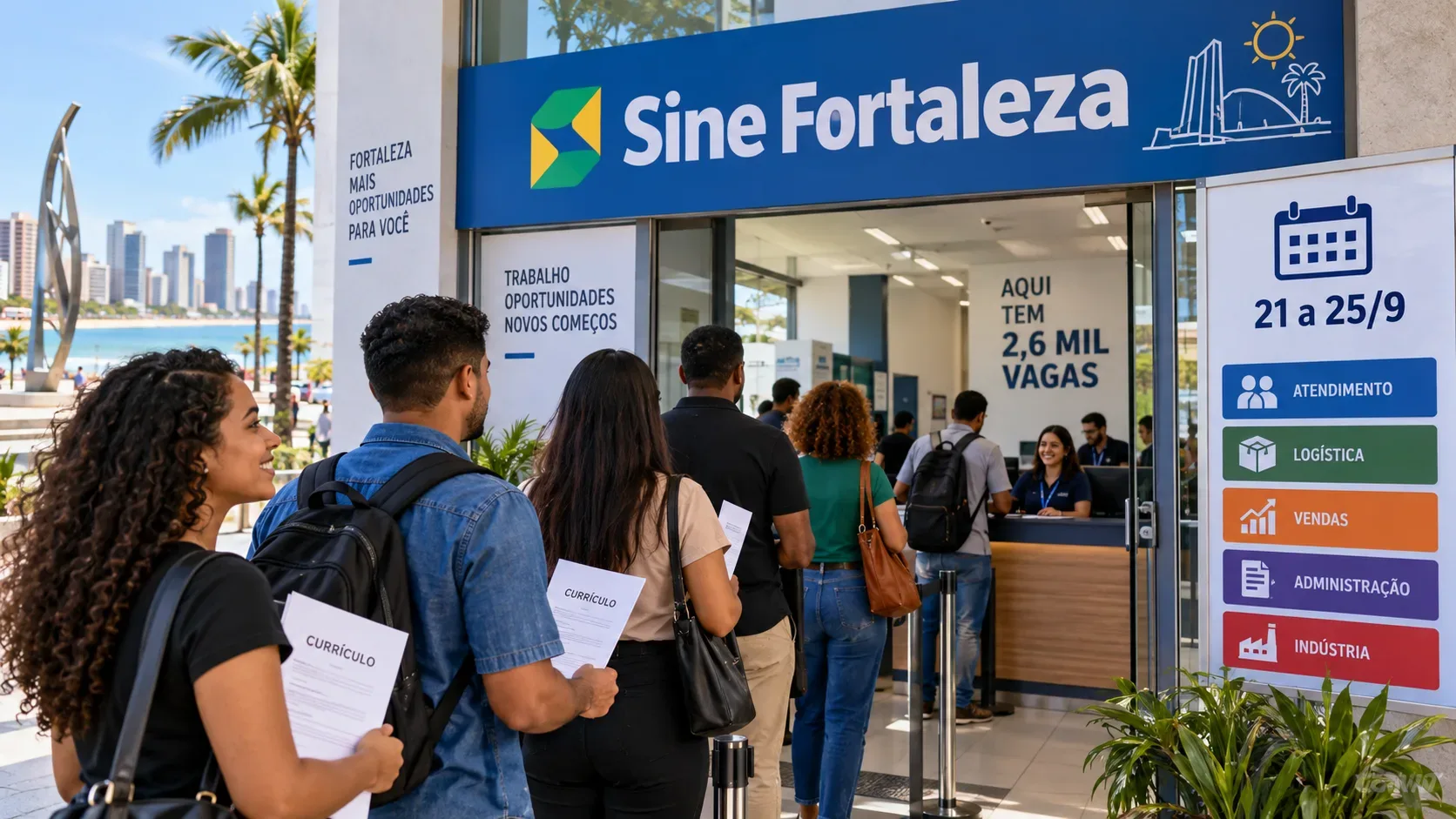 Fila de candidatos com currículos diante de uma unidade representada como Sine Fortaleza, com painel de 21 a 25/9 e referências a diferentes áreas de trabalho.