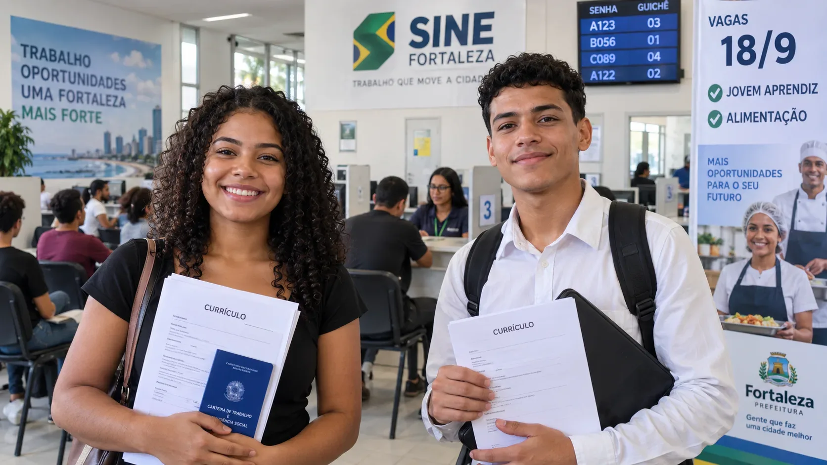 Dois jovens seguram currículos e Carteira de Trabalho em um posto do Sine Fortaleza, com painéis sobre vagas de 18/9 e alimentação ao fundo.