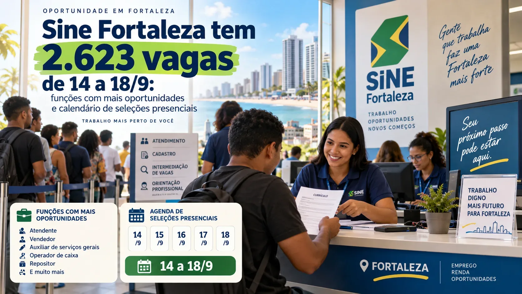 Atendimento de emprego no Sine Fortaleza, com candidato entregando currículo a uma atendente, fila de trabalhadores e destaque visual para 2.623 vagas e datas de 14 a 18 de setembro.