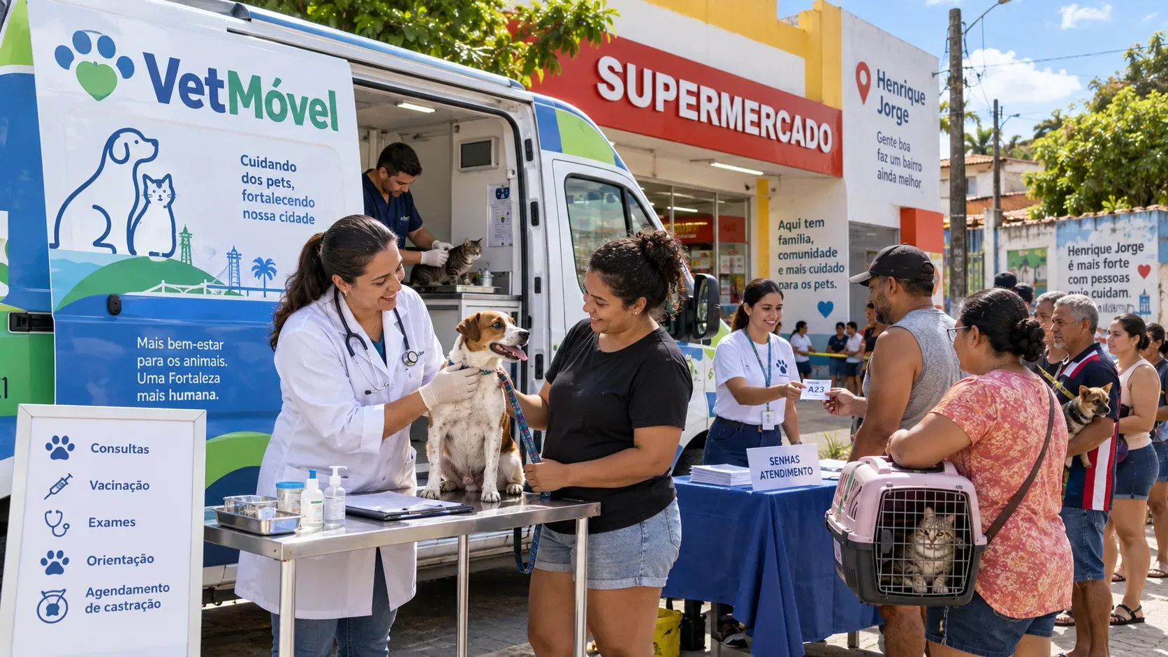 Veterinária atende um cão ao lado de uma unidade móvel, enquanto tutores com cães e gato em caixa de transporte aguardam diante de um supermercado.