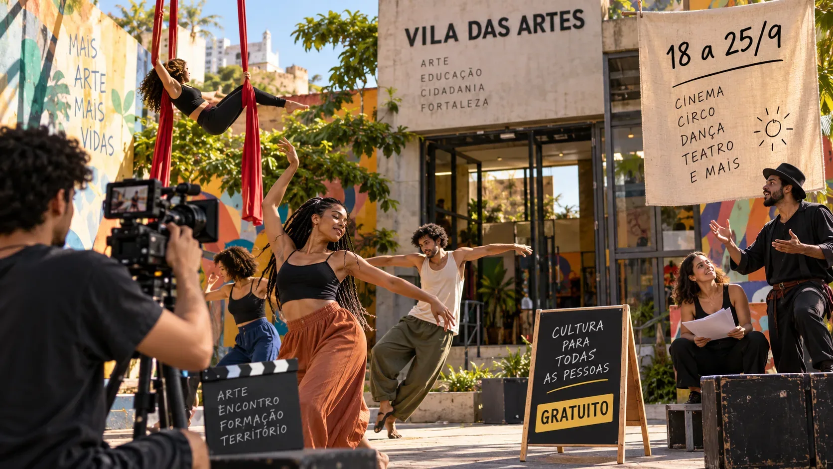 Cena artística em pátio cultural com câmera, dança, tecido acrobático e atores diante da Vila das Artes, com placas de programação gratuita.