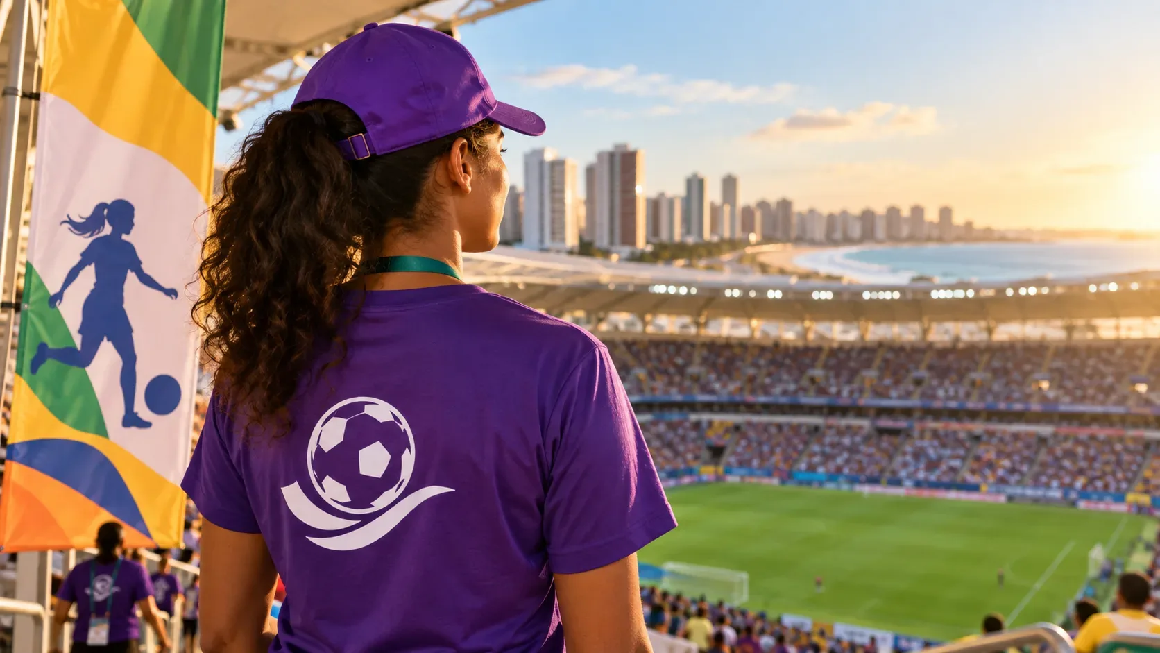 Voluntária com camiseta e boné roxos observa um estádio de futebol cheio e o campo, com skyline litorâneo ao pôr do sol ao fundo.